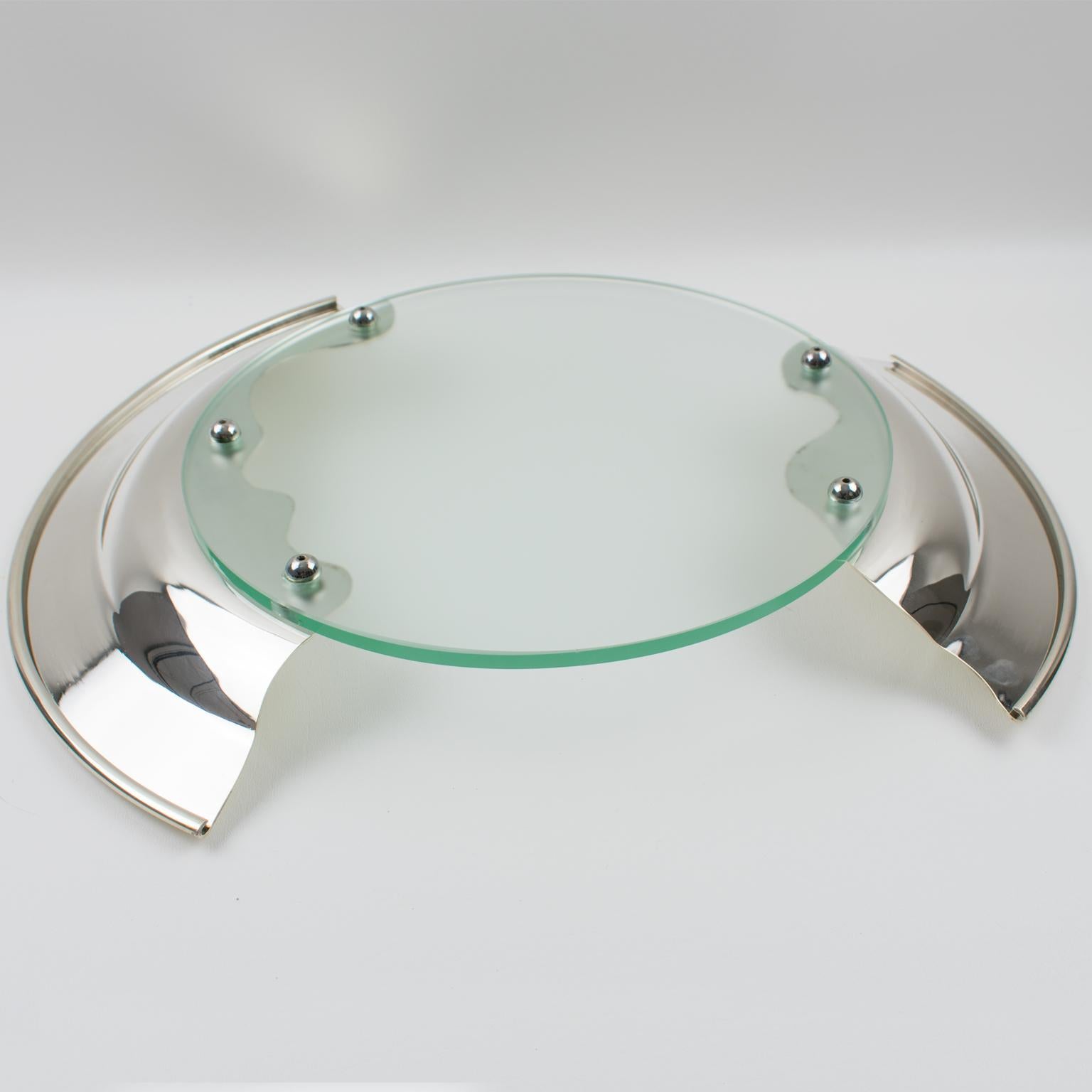 1980s Futurist Silver Plate Glass Platter Bowl Centerpiece 2