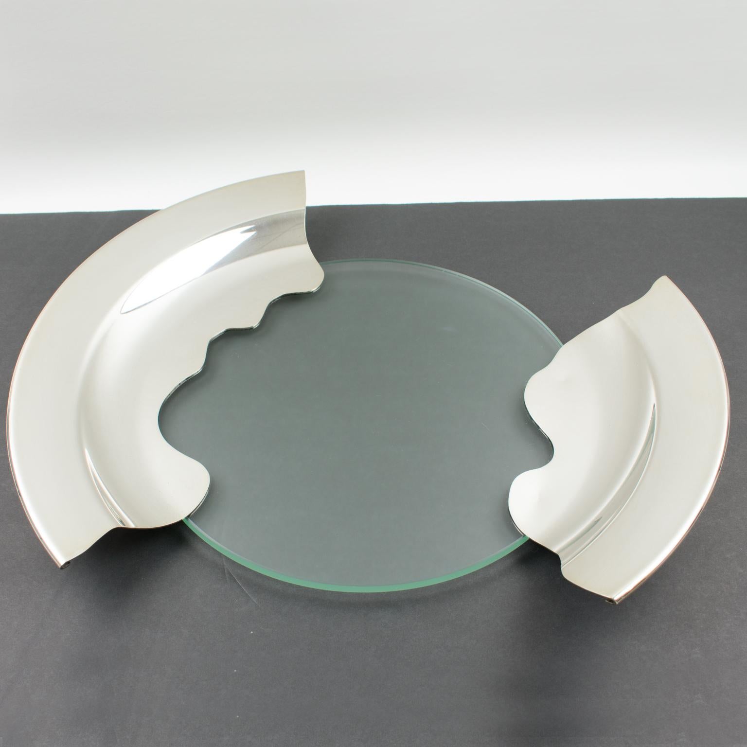 1980s Futurist Silver Plate Glass Platter Bowl Centerpiece 3