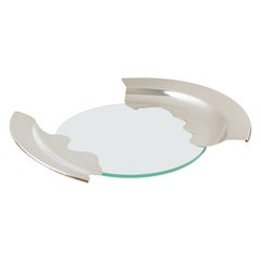 1980s Futurist Silver Plate Glass Platter Bowl Centerpiece
