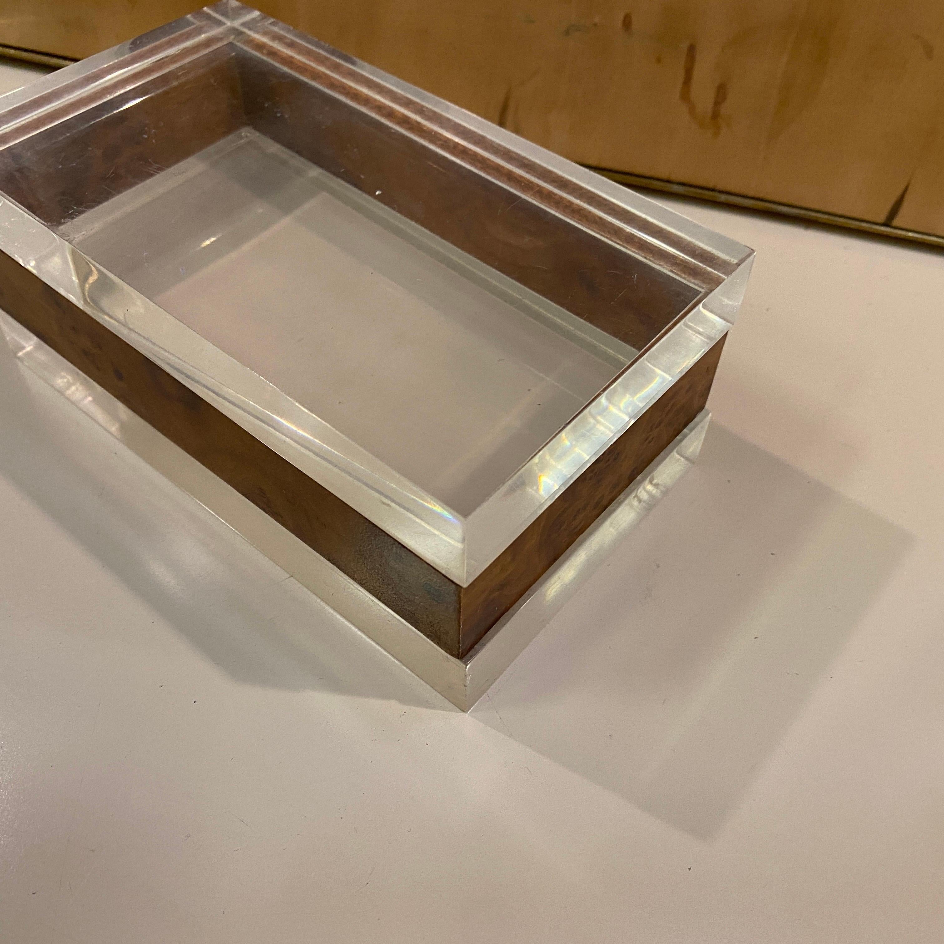 Lucite 1980s Gabriella Crespi Style Clear Plexiglass and Walnut Rectangular Italian Box For Sale