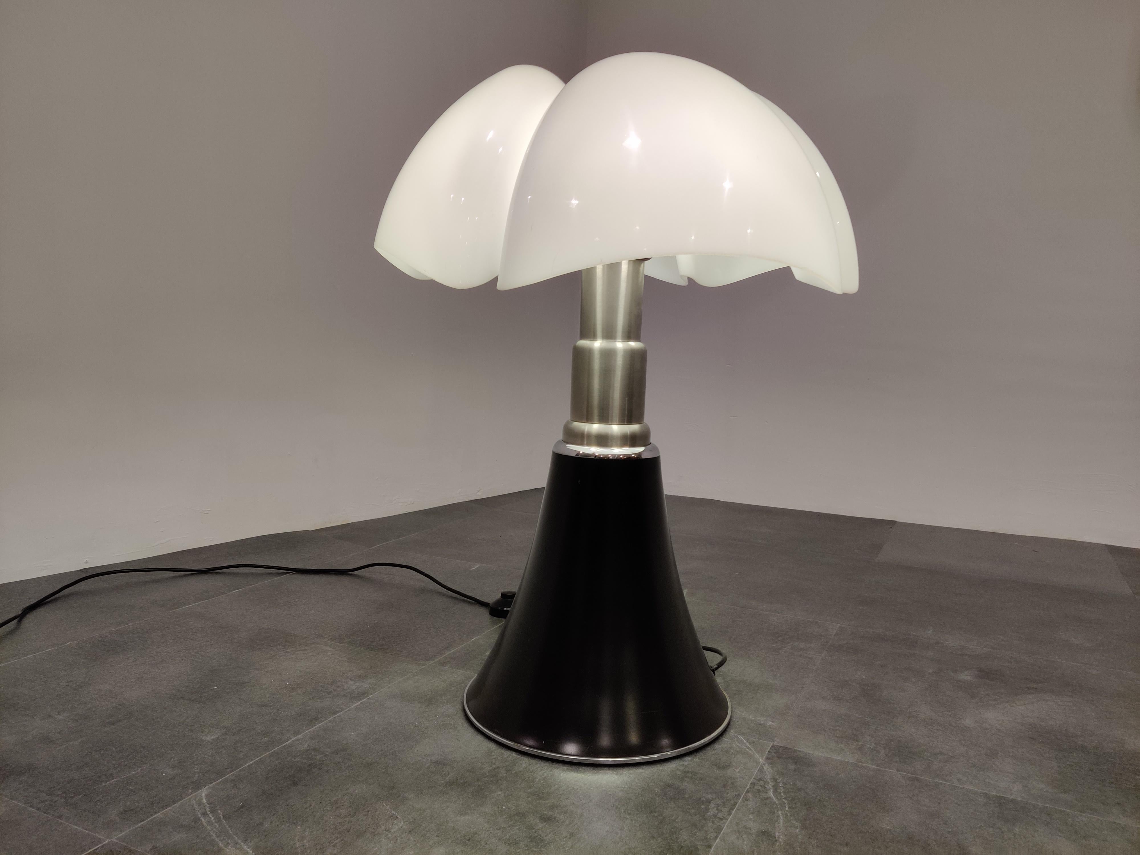 Beautiful vintage 1980s example of Gae Aulenti's 'pipistrello' table lamp designed back in 1965.

Good condition with original 'Martinelli Luce' sticker.

Timeless and iconic design lamp which can extend to a 90cm height,

1980s,