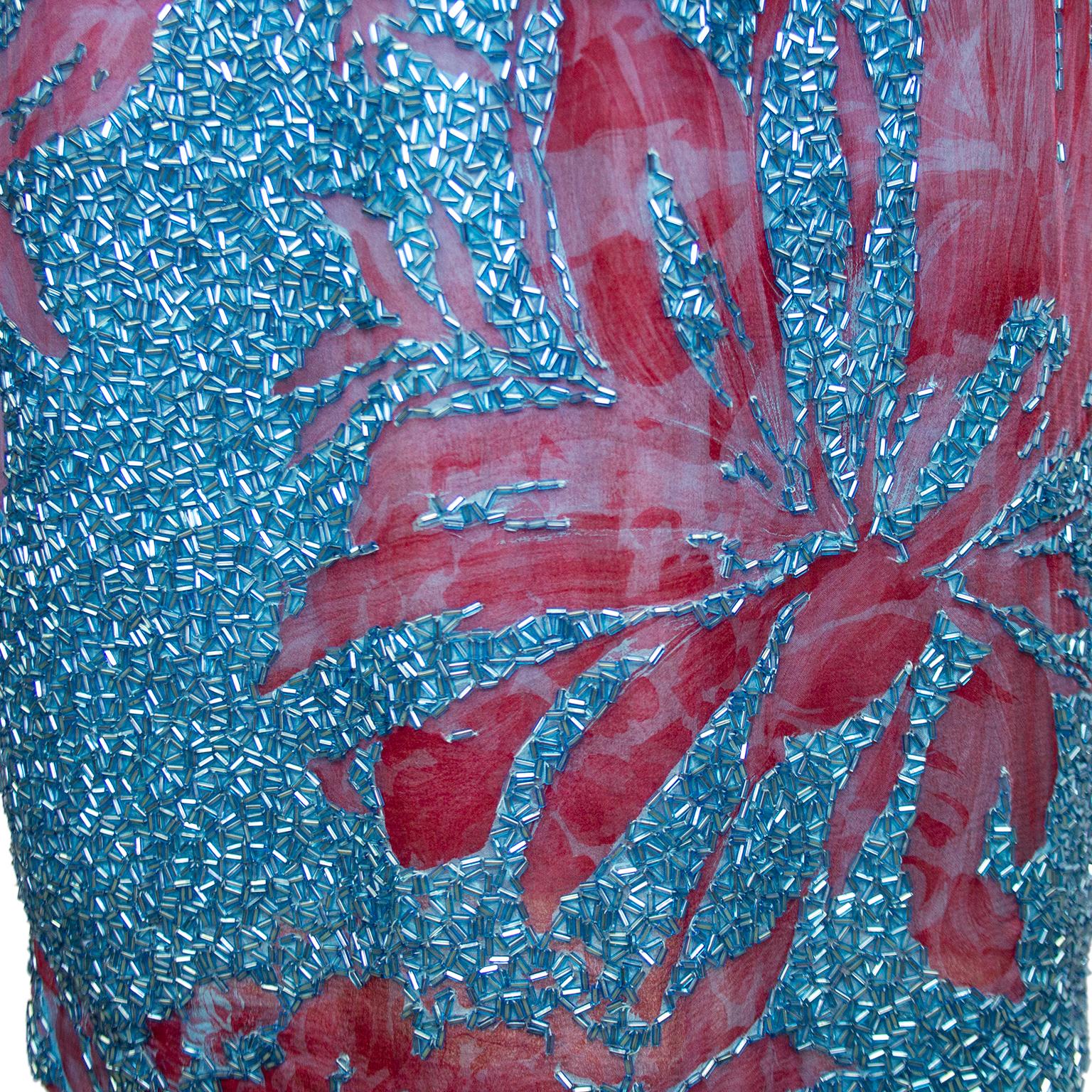 Women's 1980s Galanos Aqua and Burgundy Floral Top, Beaded Skirt and Scarf Ensemble For Sale