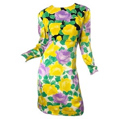 Galanos Couture - Robe à manches longues vintage à imprimé rose, jaune et violet, années 1980