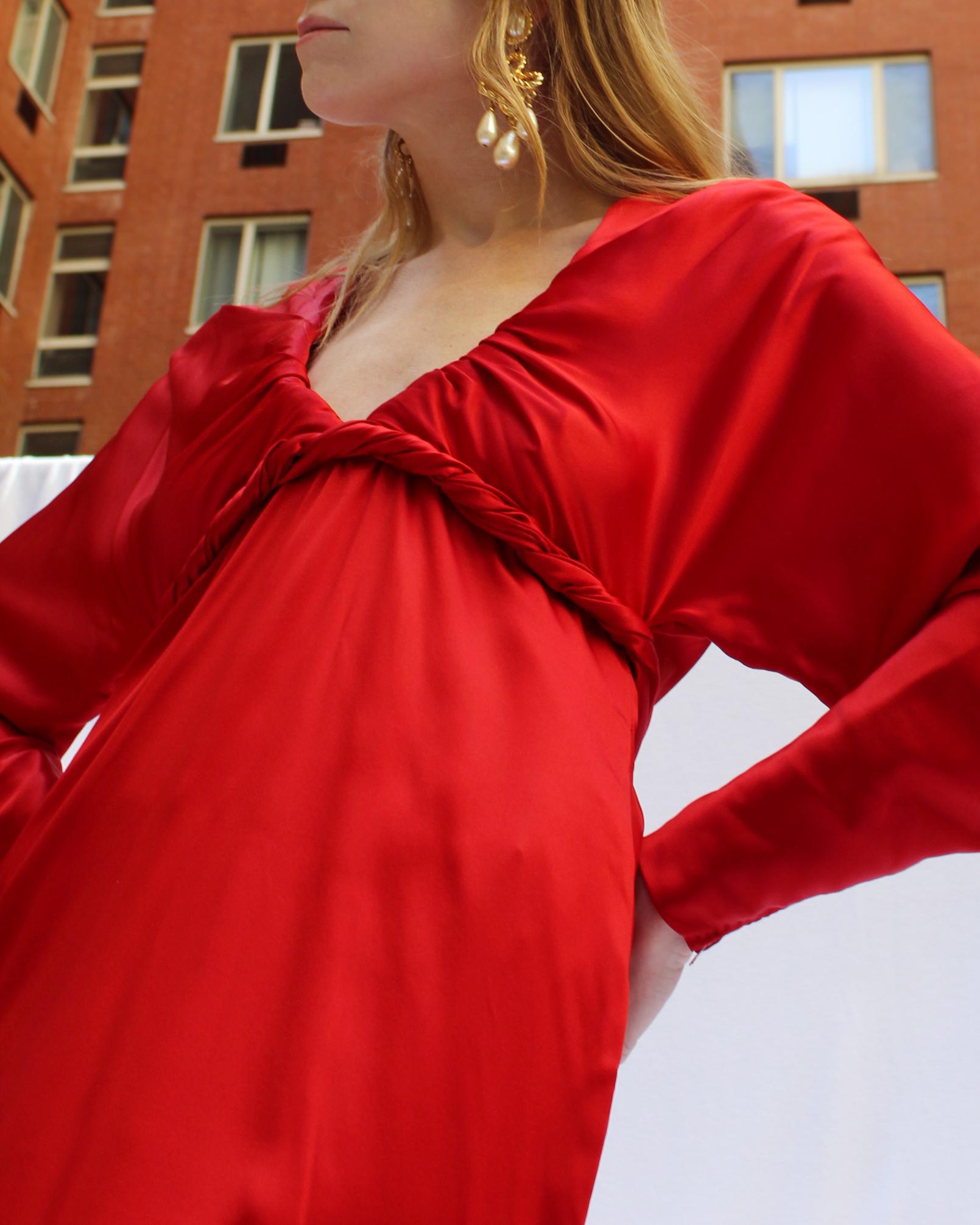 1980er Galanos Demi-Couture-Satin-Kleid (Rot) im Angebot
