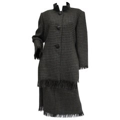 1980s Galanos Grey Wool Check Skirt and Coat Ensemble