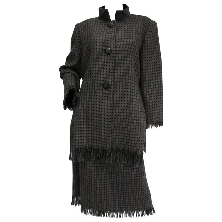 1980s Galanos Grey Wool Check Skirt and Coat Ensemble For Sale