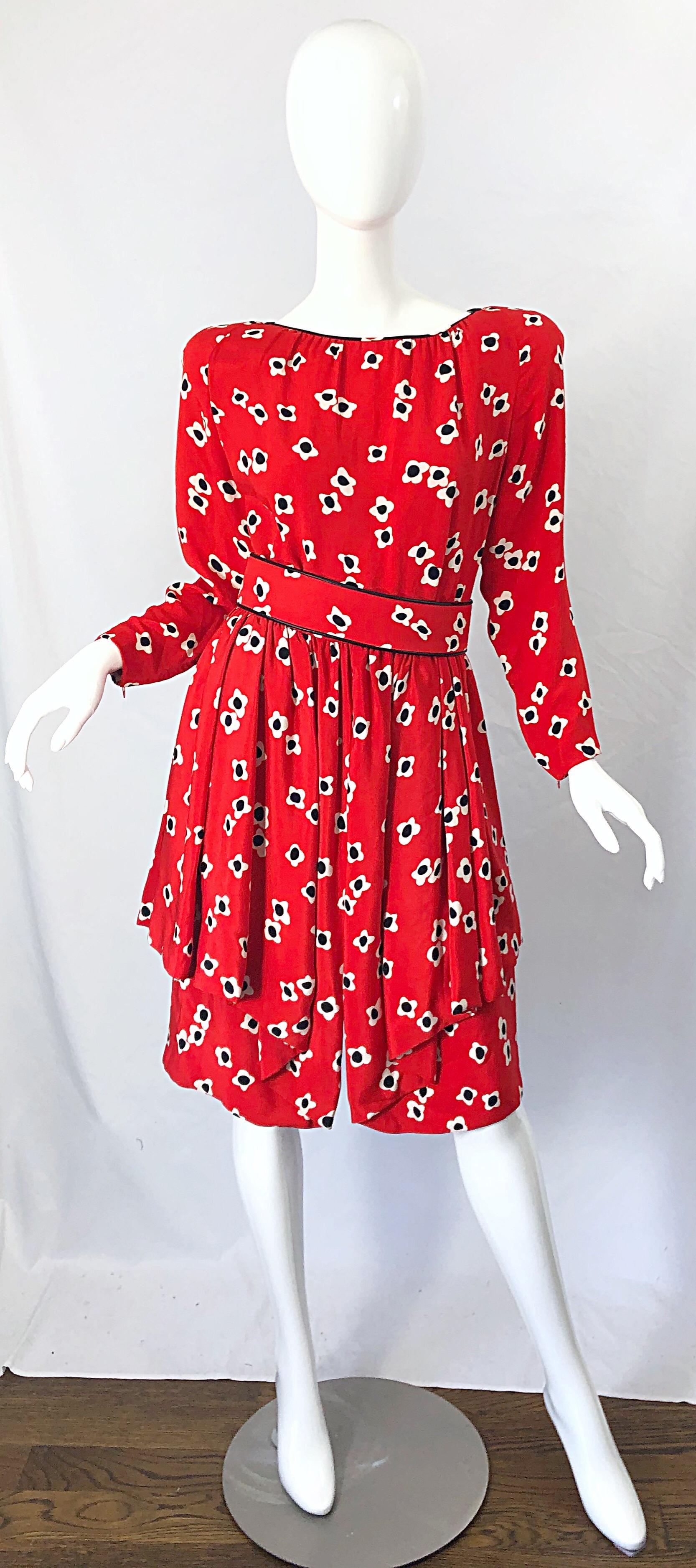 Amazing mid 1980s JAMES GALANOS for Neiman Marcus lipstick red poppy flower print long sleeve strong shoulder dress ! S a lipstick red luxurious silk, lined in silk chiffon. Black and white poppy print flowers printed thoughout. Intricate drapes and