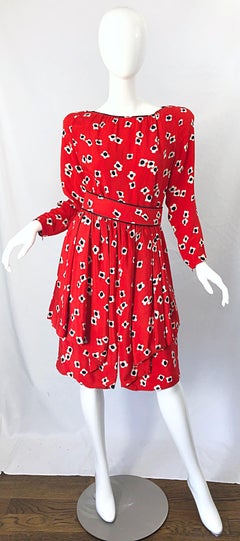 1980s Galanos Lipstick Red Poppy Print Silk Strong Shoulder Vintage 80s Dress