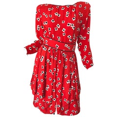 1980s Galanos Lipstick Red Poppy Print Silk Strong Shoulder Vintage 80s Dress