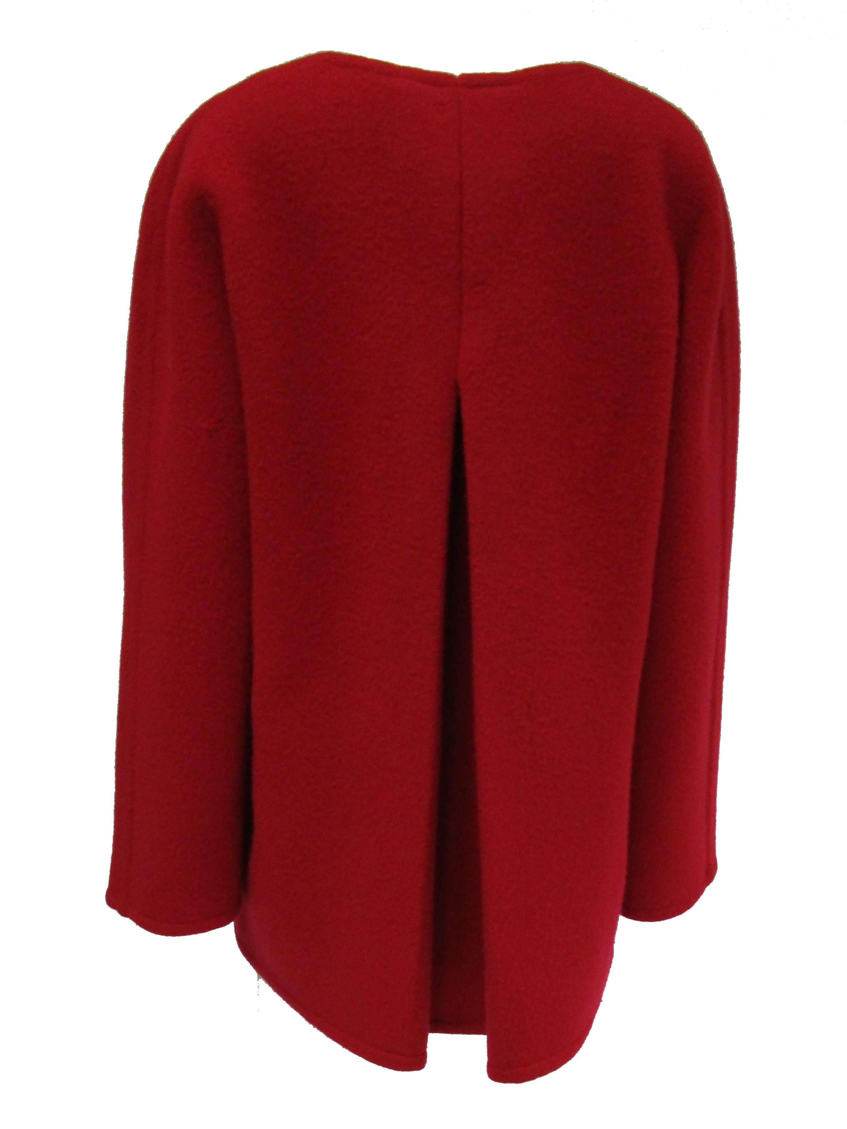 Women's 1980s Galanos Red Wool Round Shoulder Coat with Oversized Double Breast Buttons 