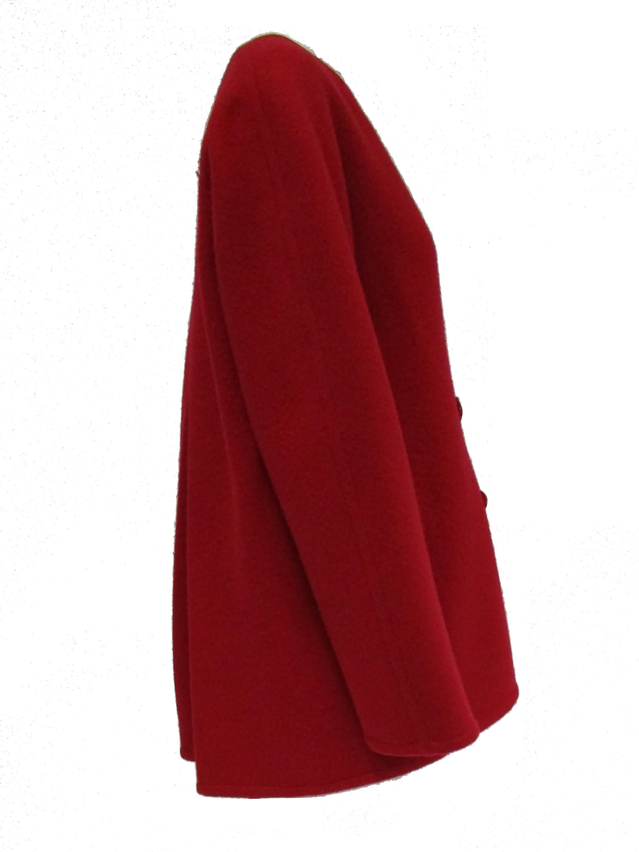 1980s Galanos Red Wool Round Shoulder Coat with Oversized Double Breast Buttons  1