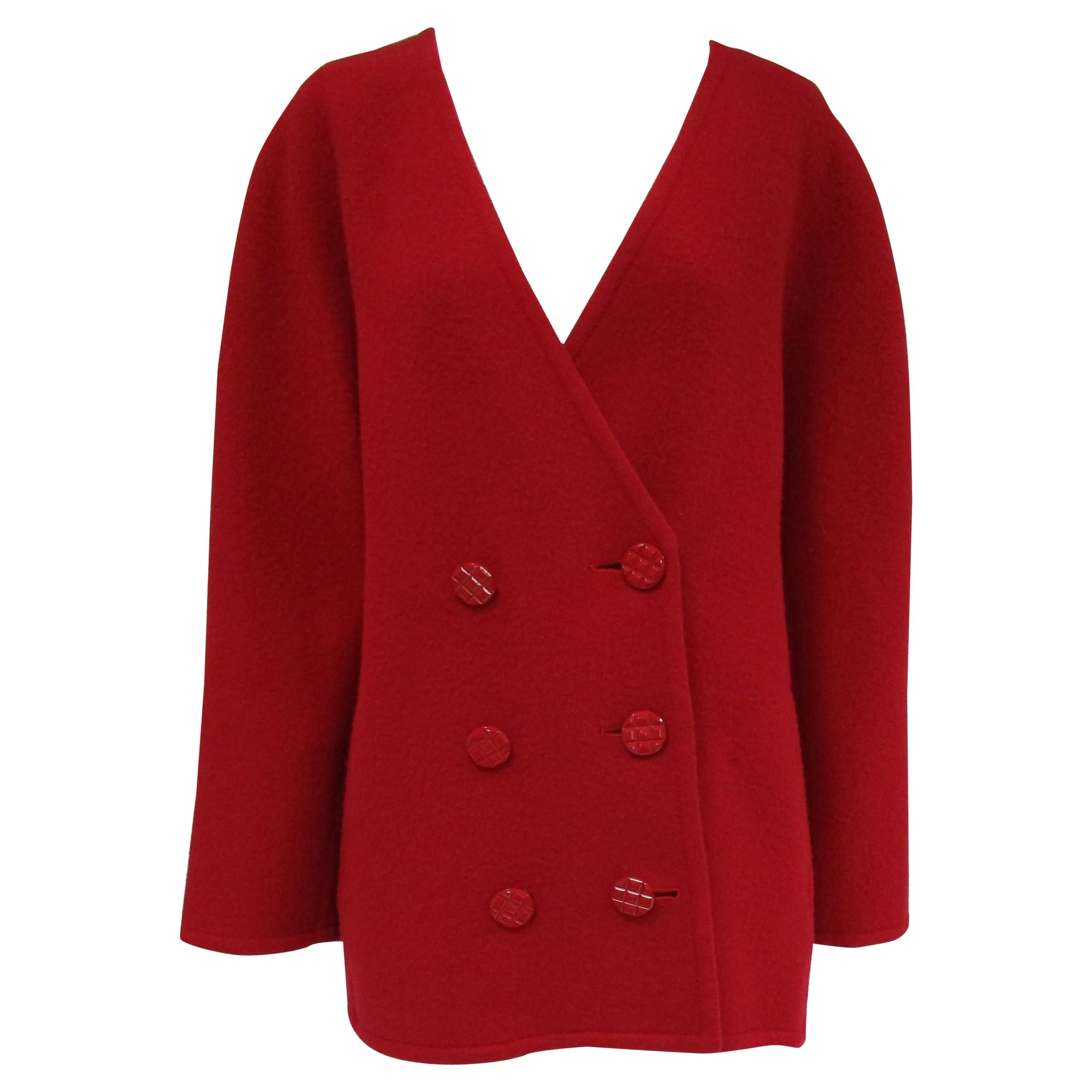 1980s Galanos Red Wool Round Shoulder Coat with Oversized Double Breast Buttons 
