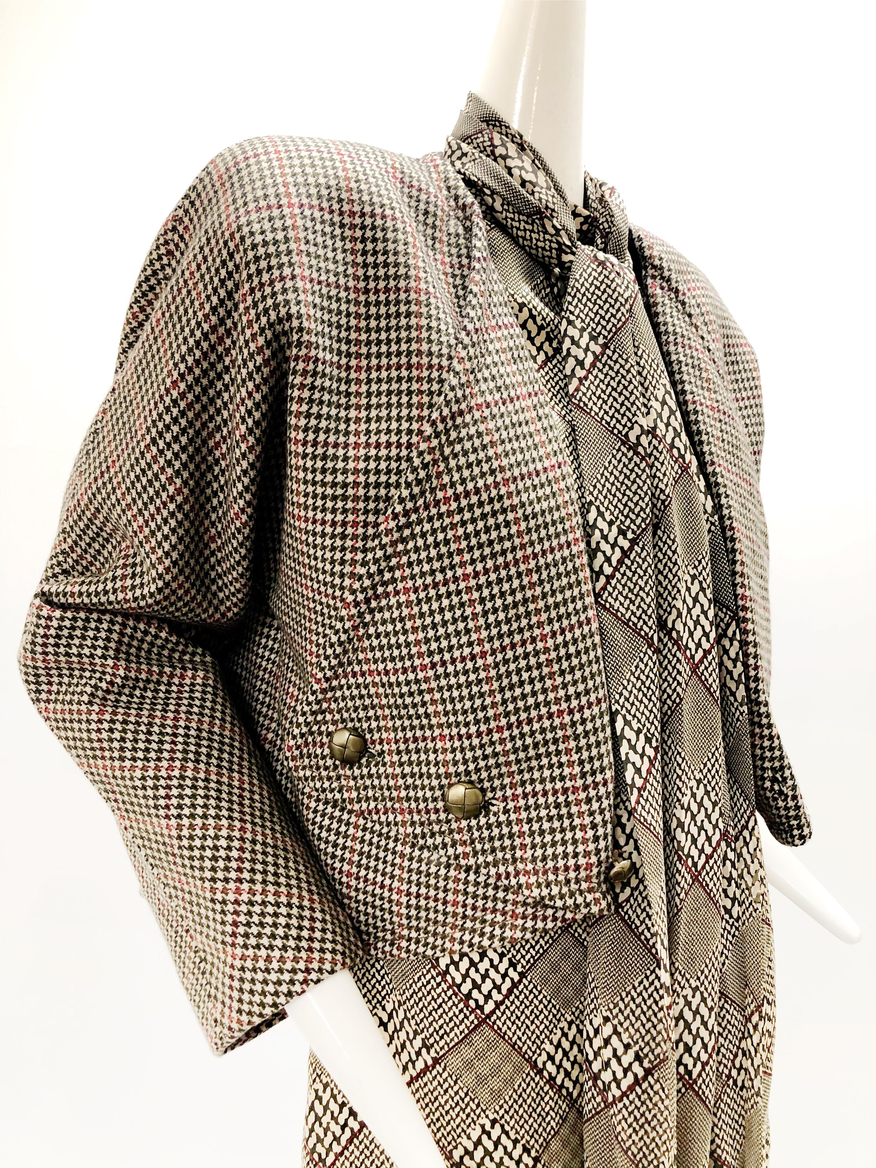 1980s Galanos Silk Dress in a Hounds Tooth Plaid W/ Matching Wool Jacket & Scarf For Sale 9