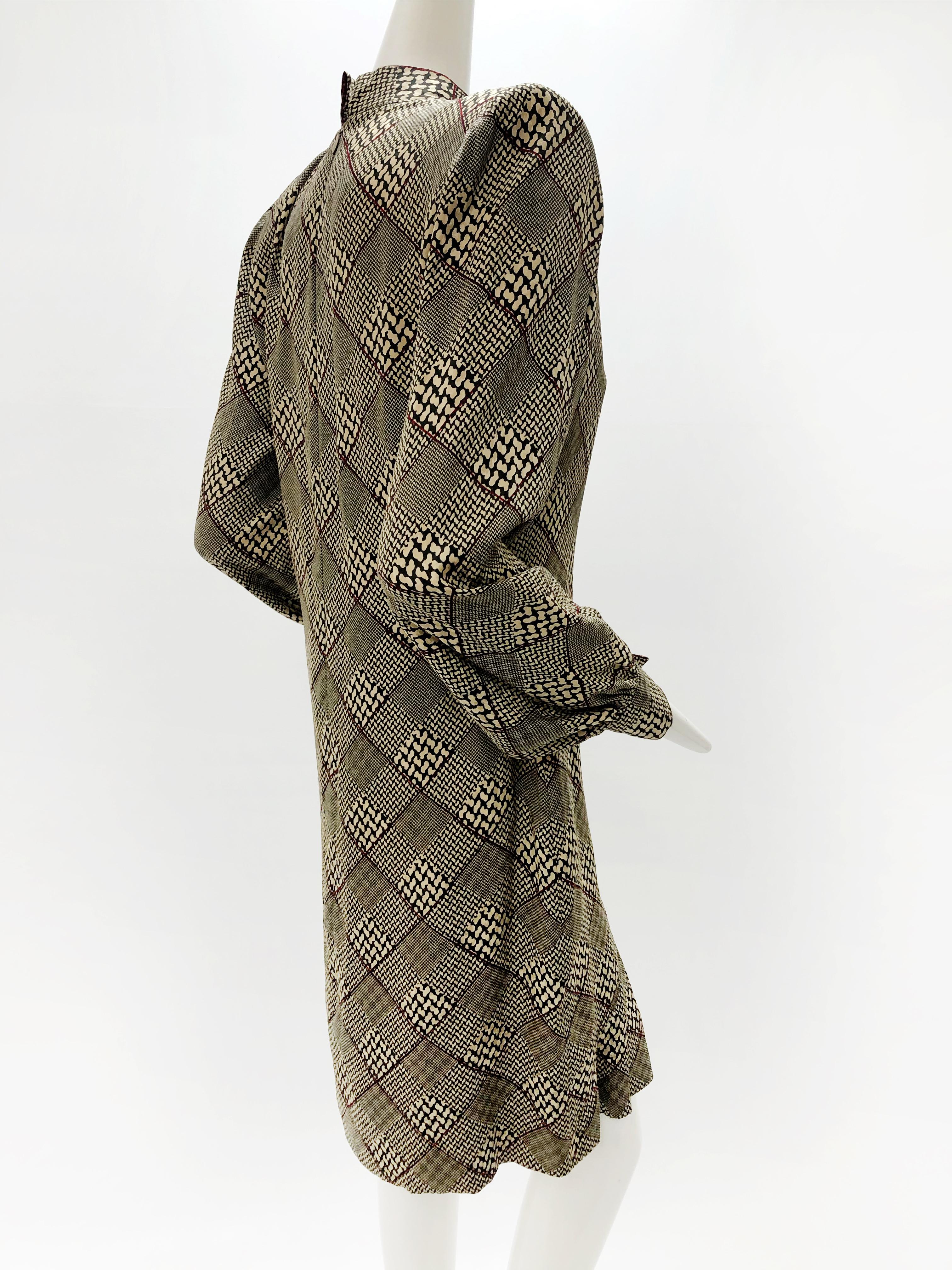 Brown 1980s Galanos Silk Dress in a Hounds Tooth Plaid W/ Matching Wool Jacket & Scarf For Sale
