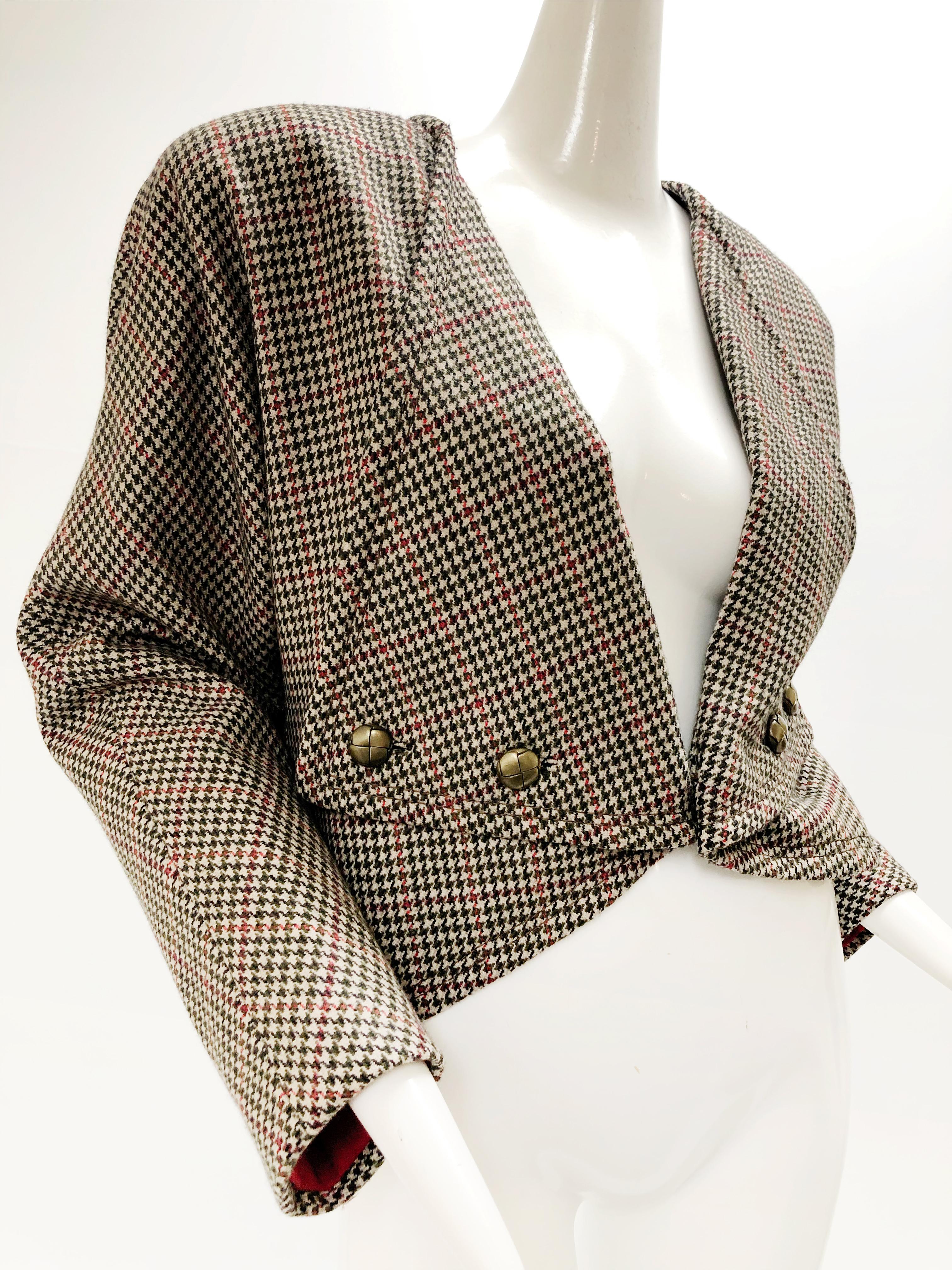 1980s Galanos Silk Dress in a Hounds Tooth Plaid W/ Matching Wool Jacket & Scarf For Sale 10