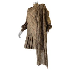 1980s Galanos Silk Dress in a Hounds Tooth Plaid W/ Matching Wool Jacket & Scarf
