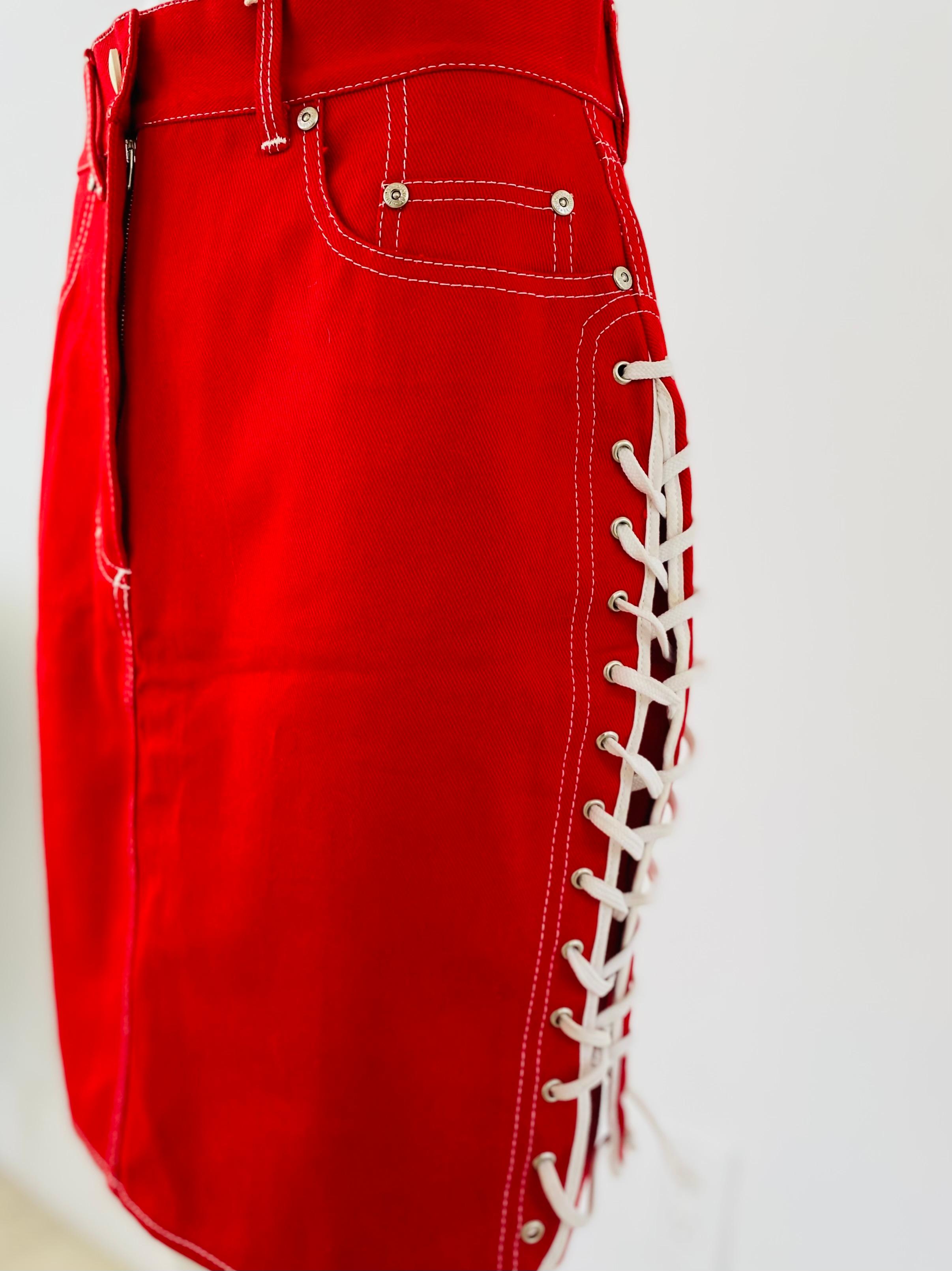 Women's 1980s Gaultier Junior Red Denim Skirt Lace Up Sides For Sale