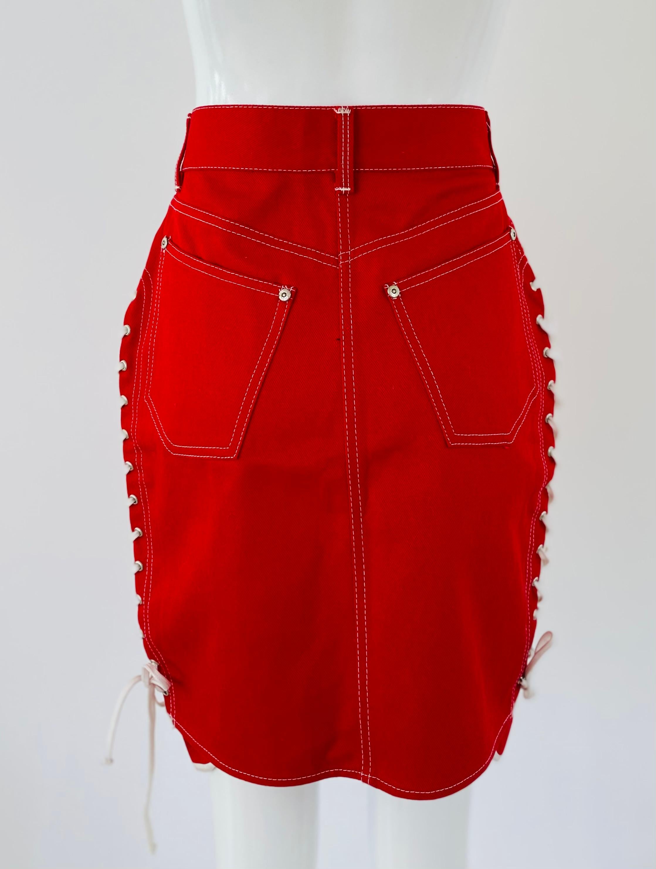 1980s Gaultier Junior Red Denim Skirt Lace Up Sides 3
