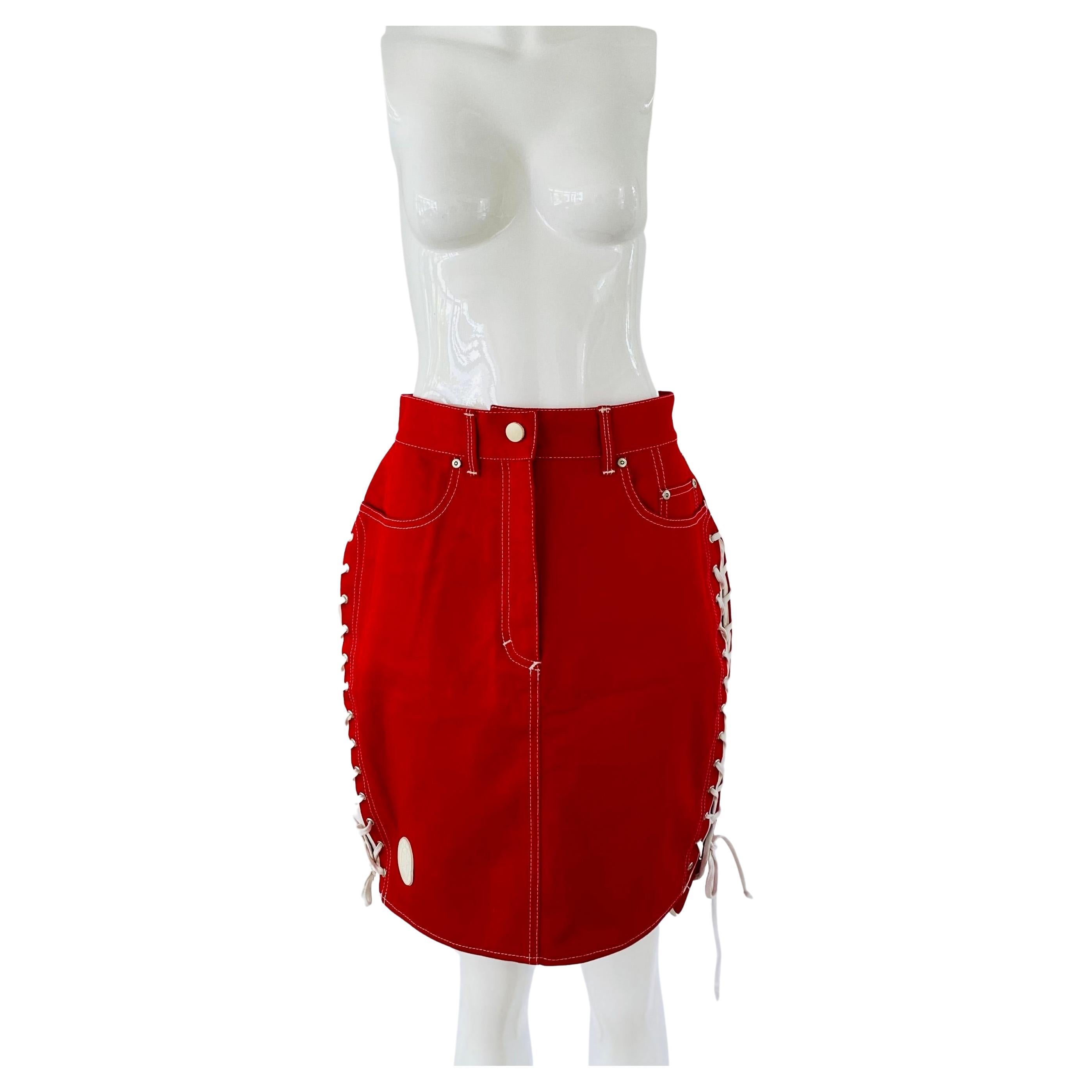 1980s Gaultier Junior Red Denim Skirt Lace Up Sides In Good Condition For Sale In Miami, FL