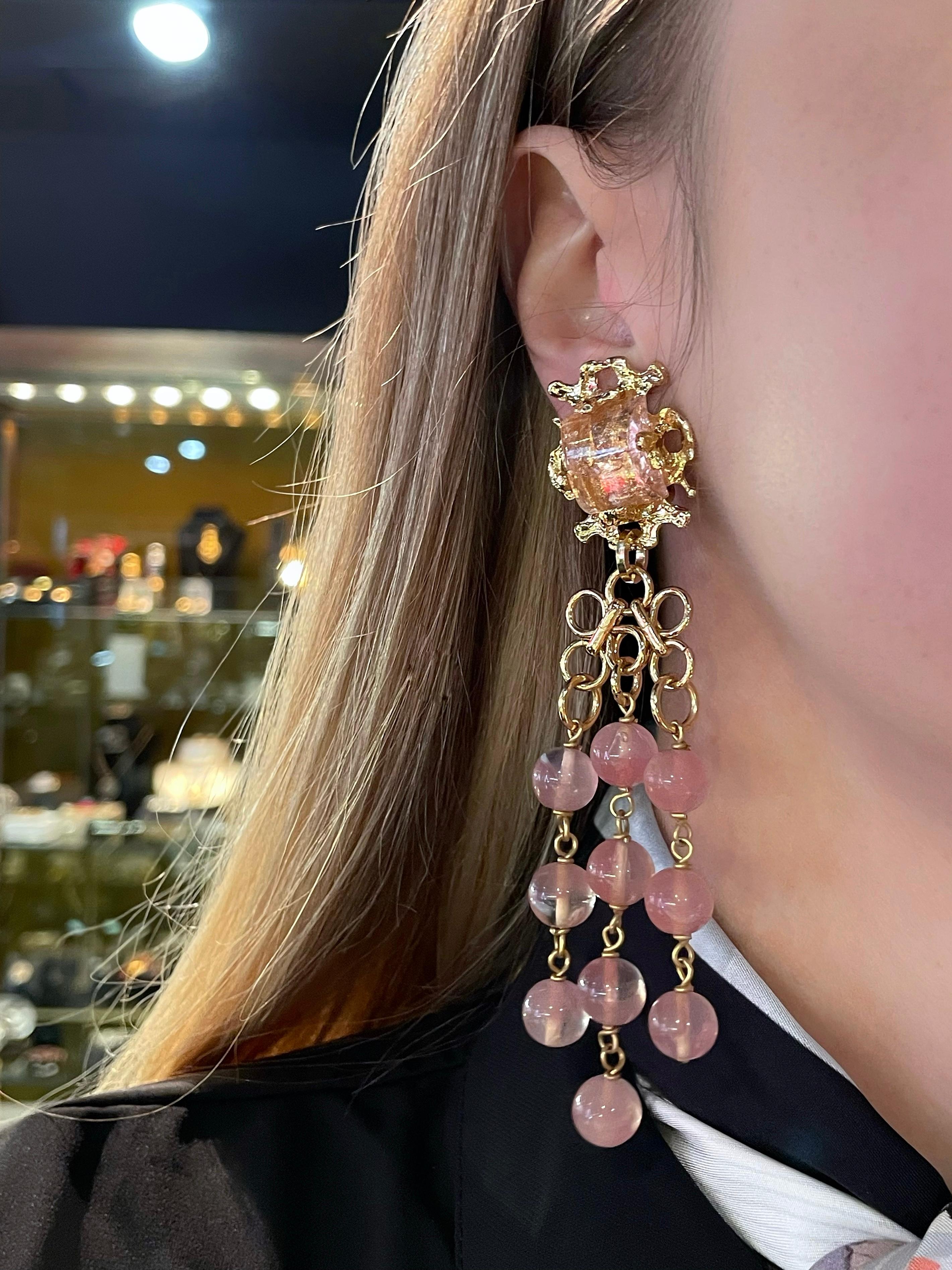 Modern 1980s Gavilane Paris Light Pink Glass Bead Long Dangling Clip On Earrings For Sale
