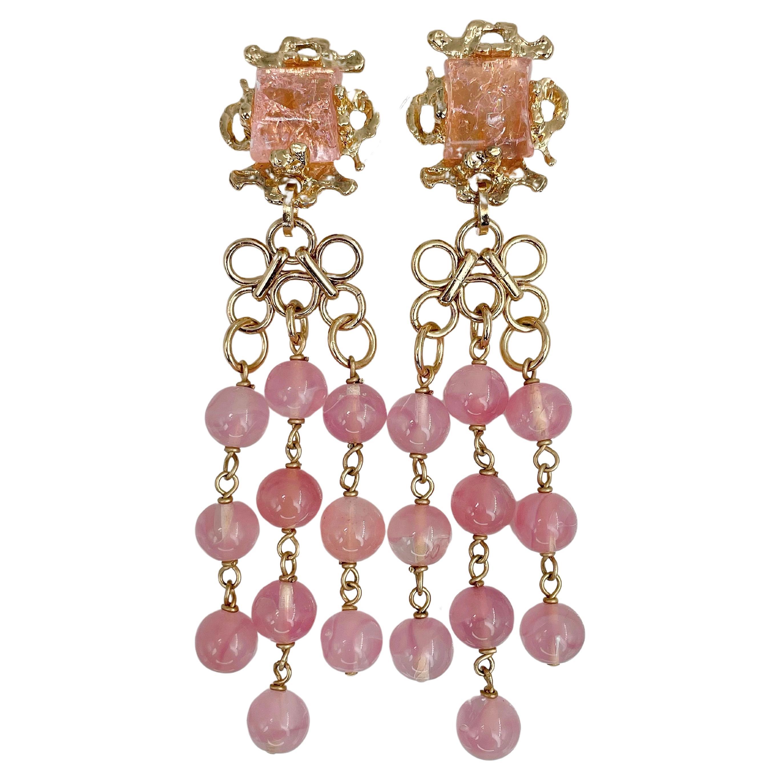 1980s Gavilane Paris Light Pink Glass Bead Long Dangling Clip On Earrings For Sale