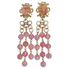 1980s Gavilane Paris Light Pink Glass Bead Long Dangling Clip On Earrings