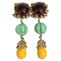 1980s Gavilane Paris Massive Colourful Glass Paste Dangling Clip On Earrings