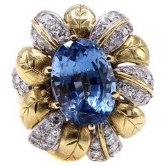 Anello da cocktail in oro platino con diamante e acquamarina degli anni '80