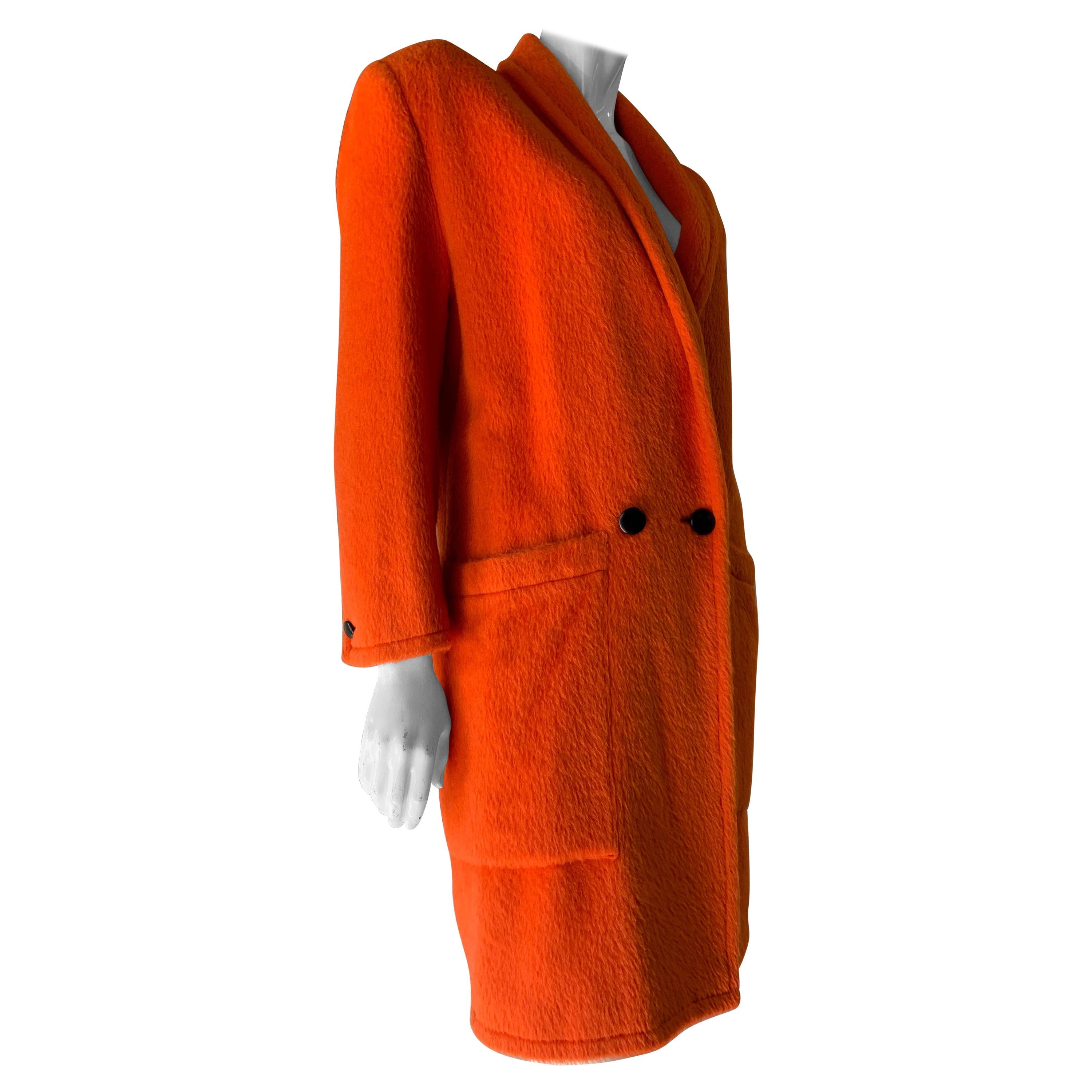 1980s Genny by Gianni Versace Vivid Orange Wool Overcoat W/ Strong Shoulders