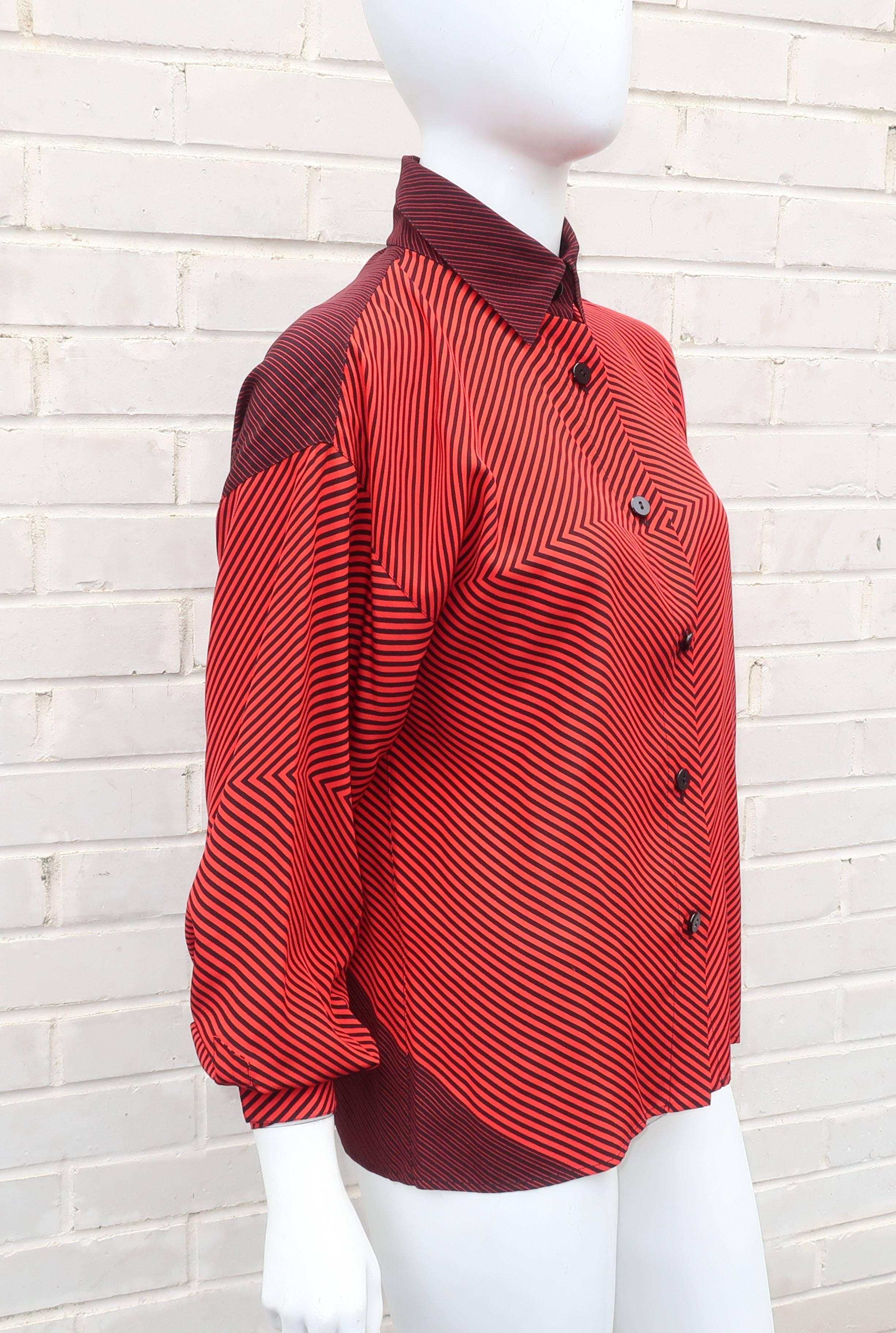 Women's 1980’s Genny Silk Red & Black Op Art Blouse