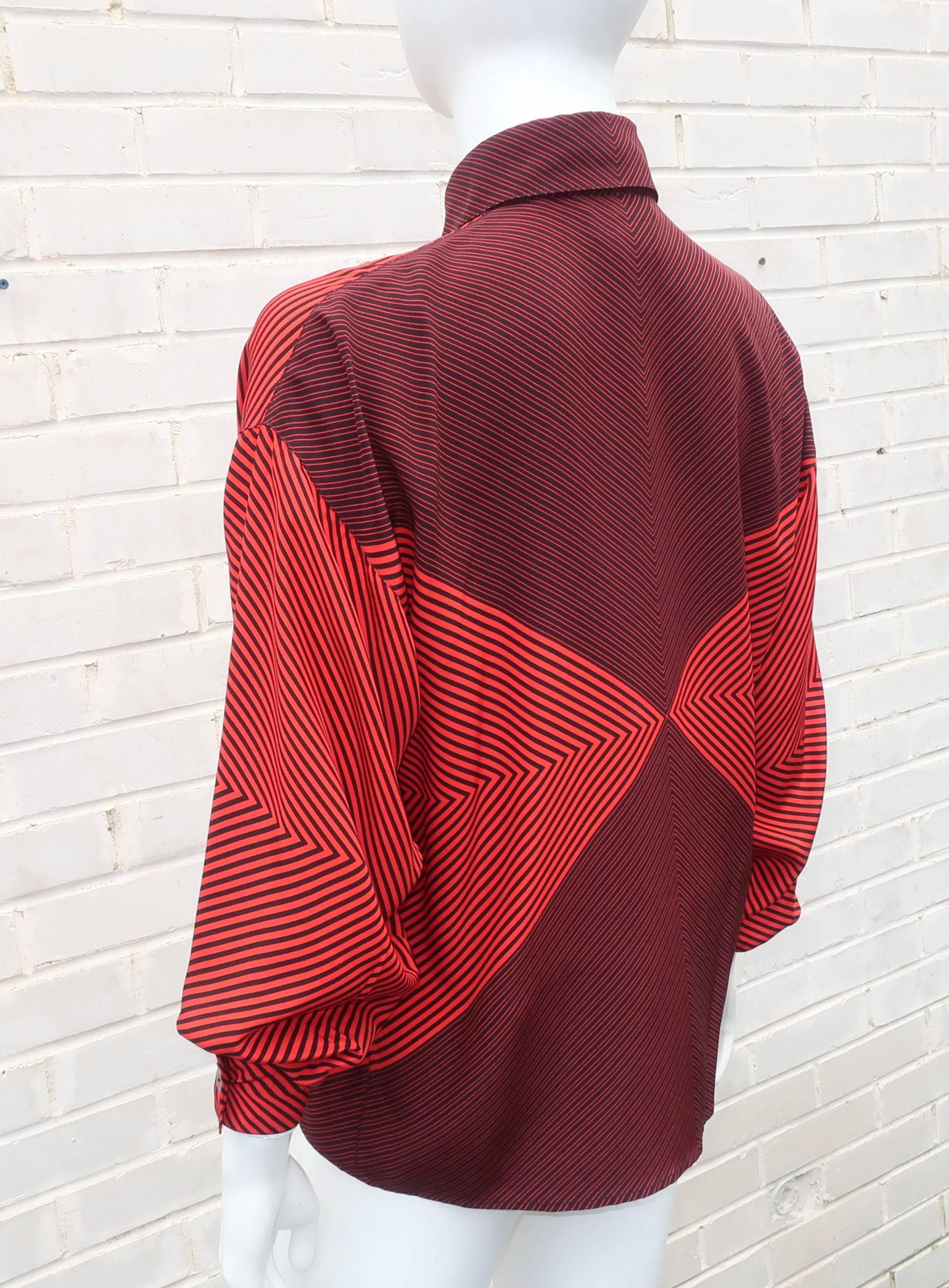 1980’s Genny Silk Red & Black Op Art Blouse 2