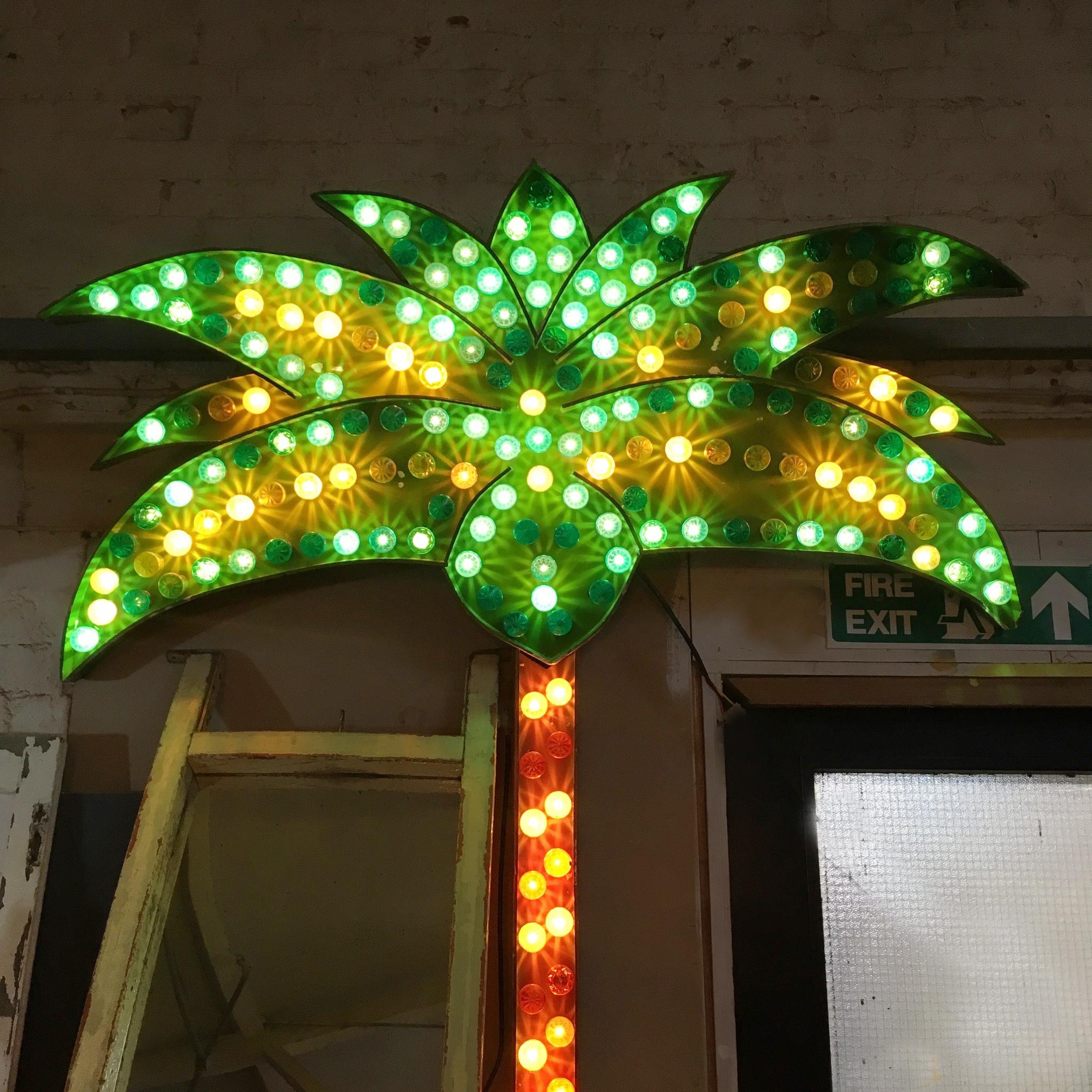 Huge 2.77m Fairground Palm tree light

British made

This Palm tree light is a genuine fairground piece from the 1980s or earlier, originally used on a traveling fairground ride in England

The tree is in 2 separate parts, the stem and then