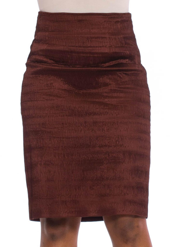 1980S GENY Russet Brown Silk and Acetate Heat Set Micro "Mushroom" Pleated  Skirt For Sale at 1stDibs