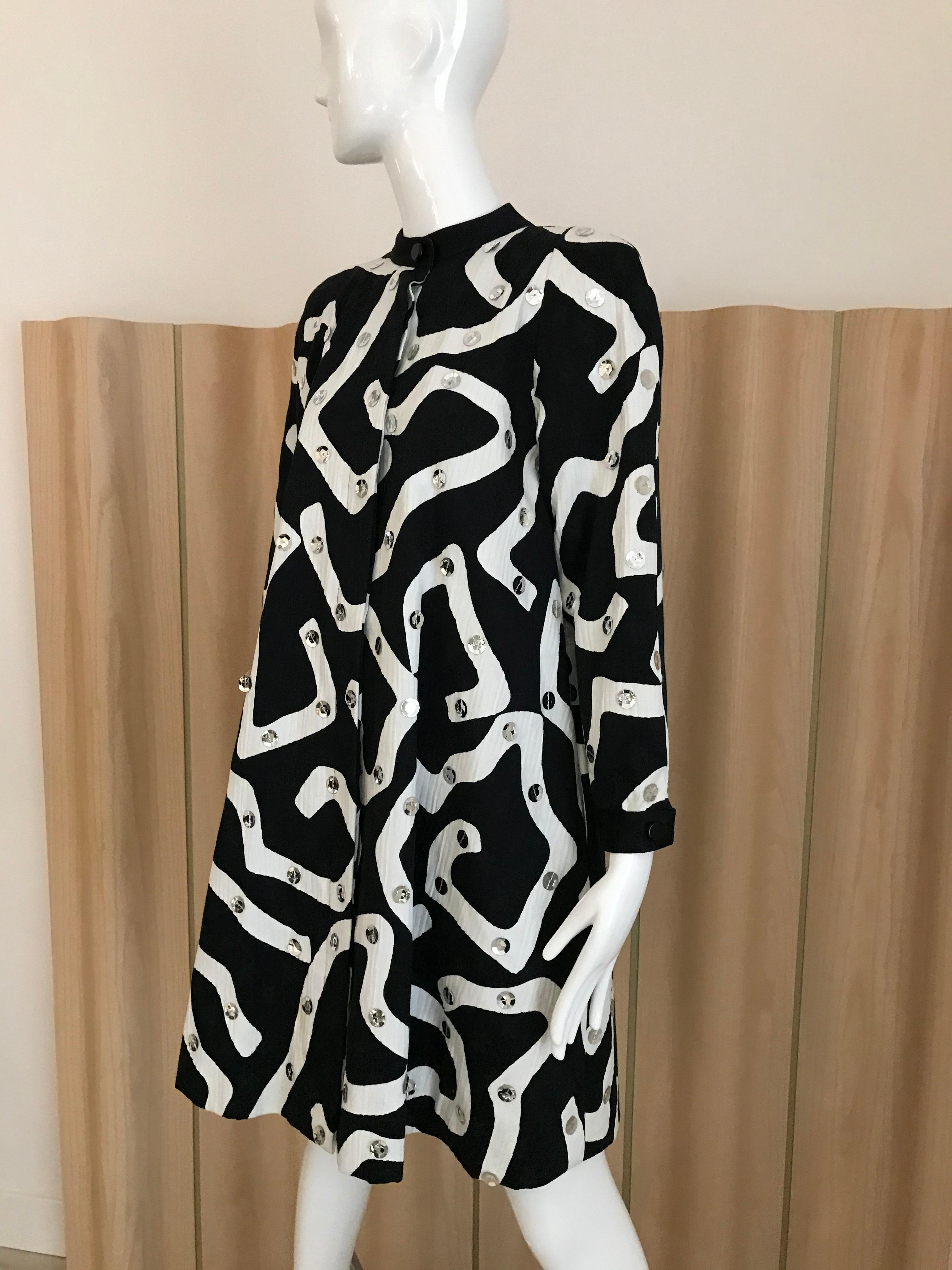 Black 1980s Geoffrey Beene Blaack and White Abstract Print Cotton Dress