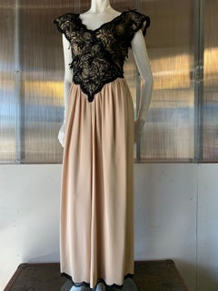1980s Geoffrey Beene Black Lace & Cream Silk Gown W/ Exaggerated Shoulders