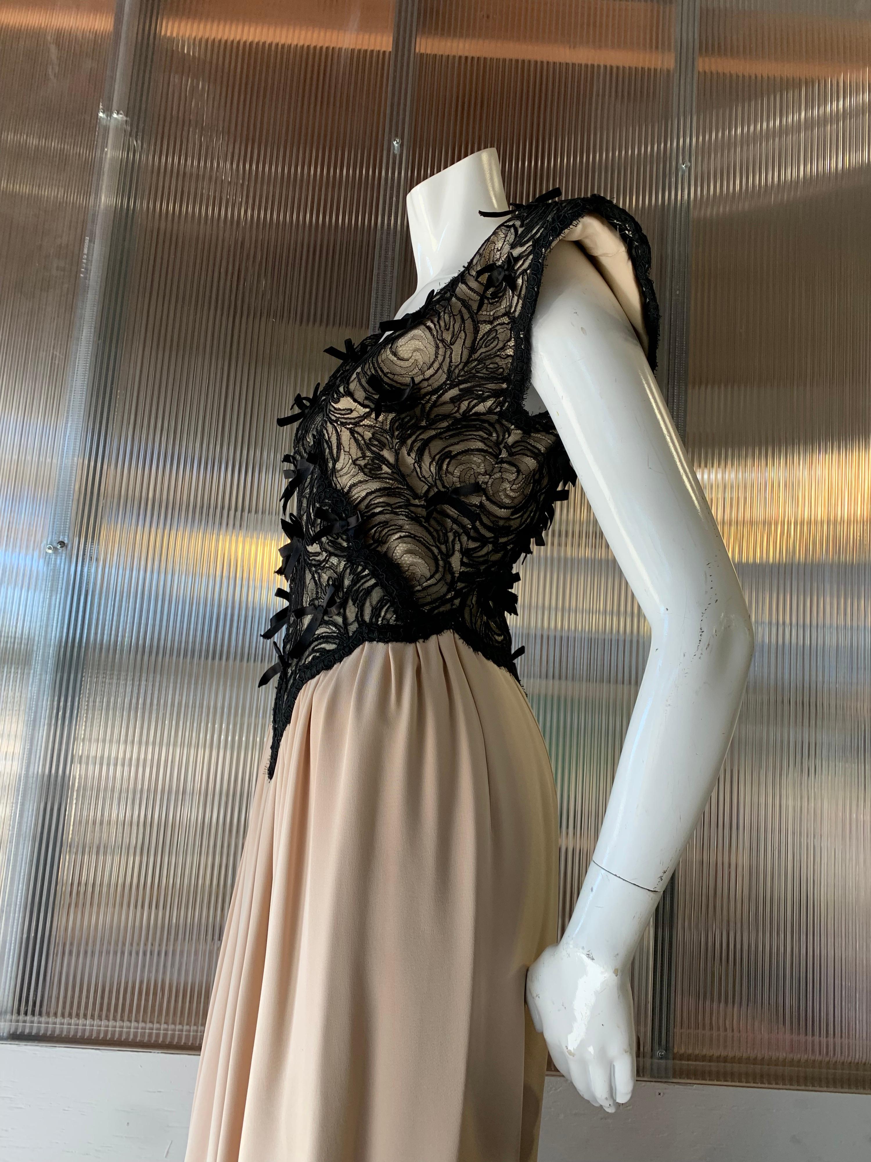 1980s Geoffrey Beene Black Lace & Cream Silk Gown W/ Exaggerated Shoulders For Sale 1
