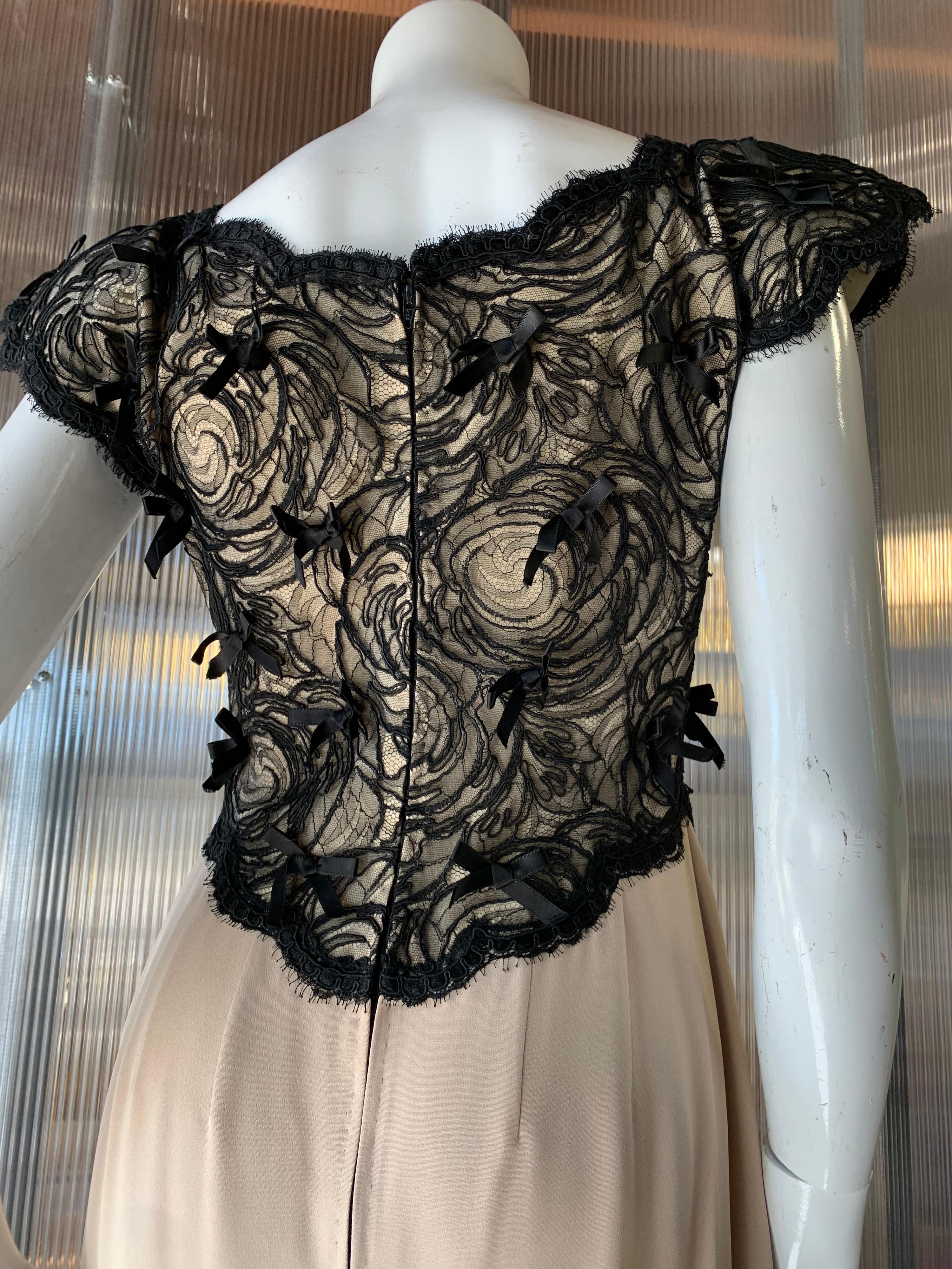 1980s Geoffrey Beene Black Lace & Cream Silk Gown W/ Exaggerated Shoulders For Sale 3