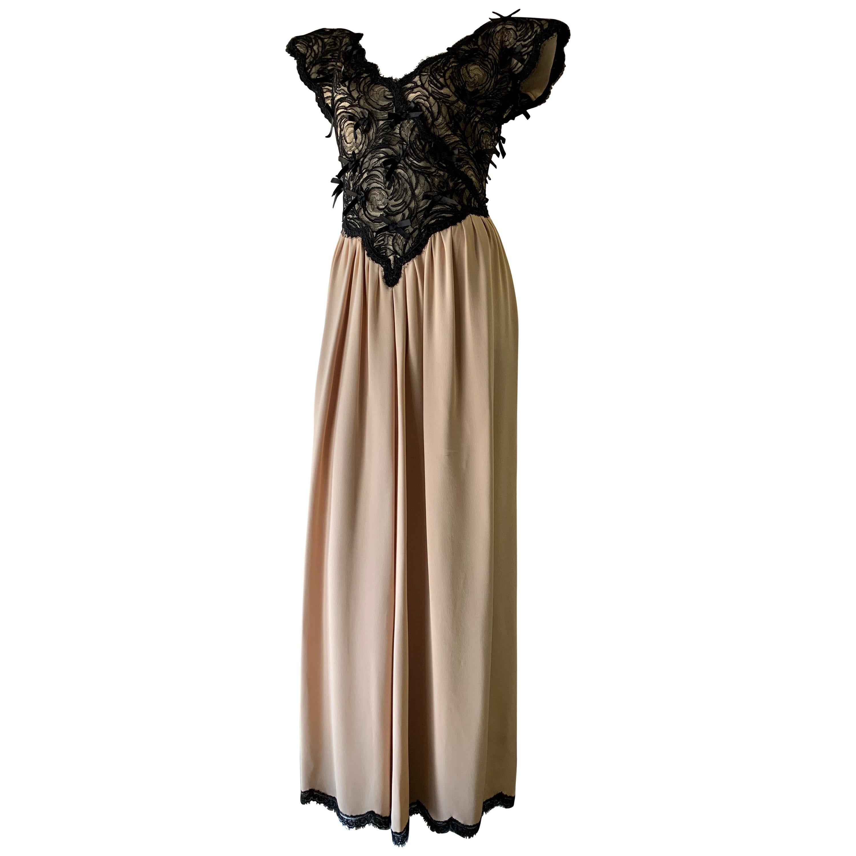 1980s Geoffrey Beene Black Lace & Cream Silk Gown W/ Exaggerated Shoulders 