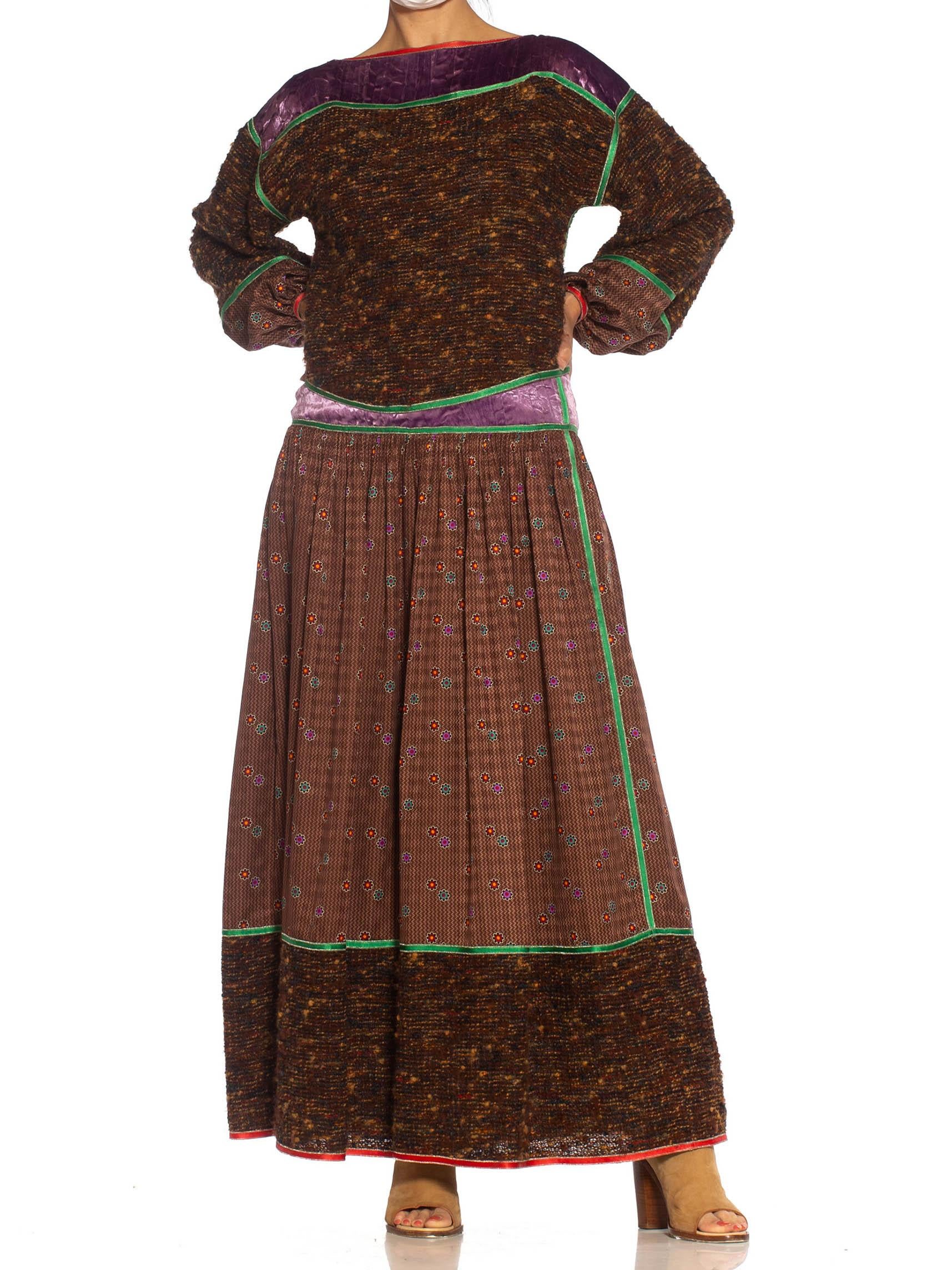 1980S GEOFFREY BEENE Brown & Purple Silk Wool Mixed Media Oversized Top Skirt E 6