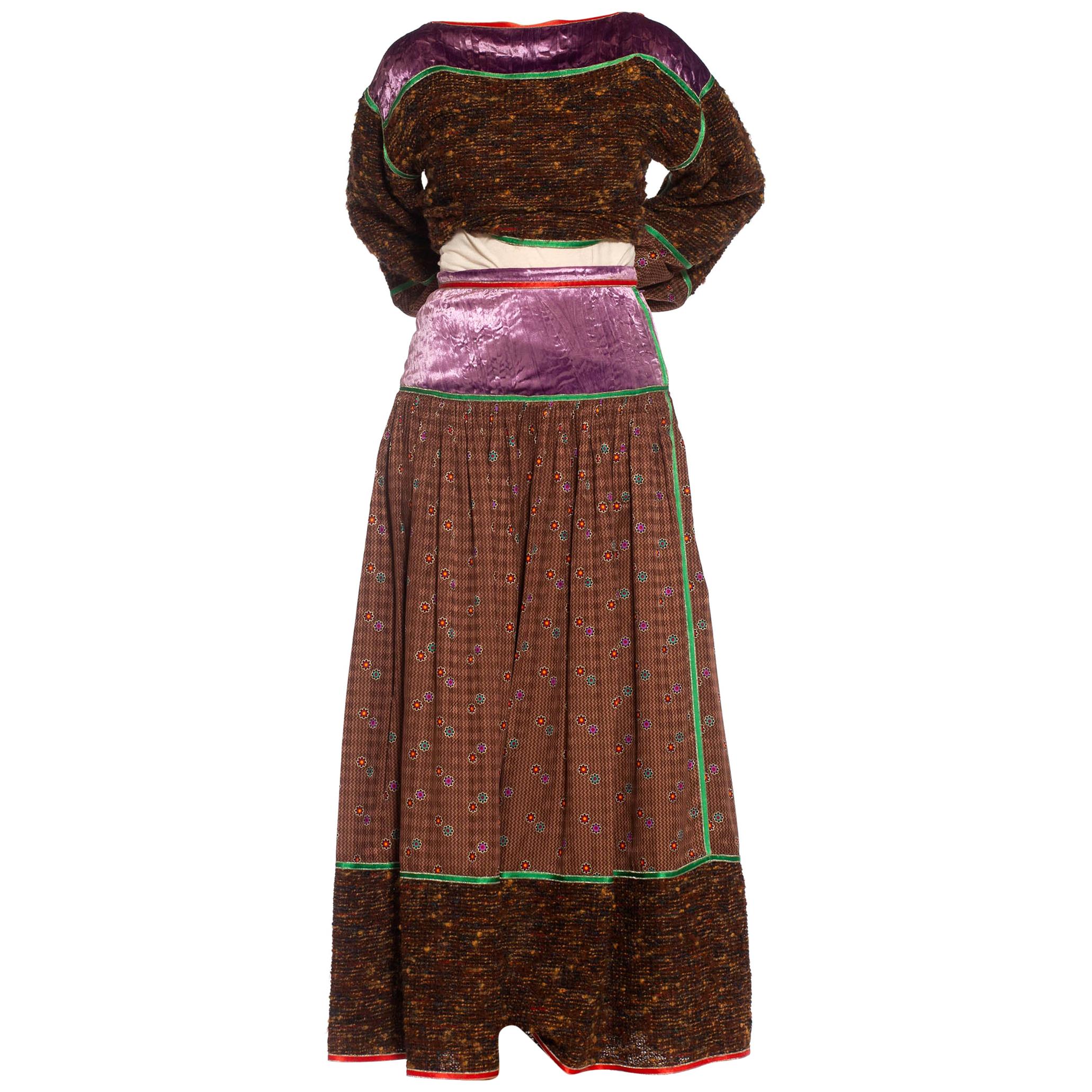 1980S GEOFFREY BEENE Brown & Purple Silk Wool Mixed Media Oversized Top Skirt E