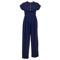 1980s Geoffrey Beene Navy Wool Jersey Jumpsuit