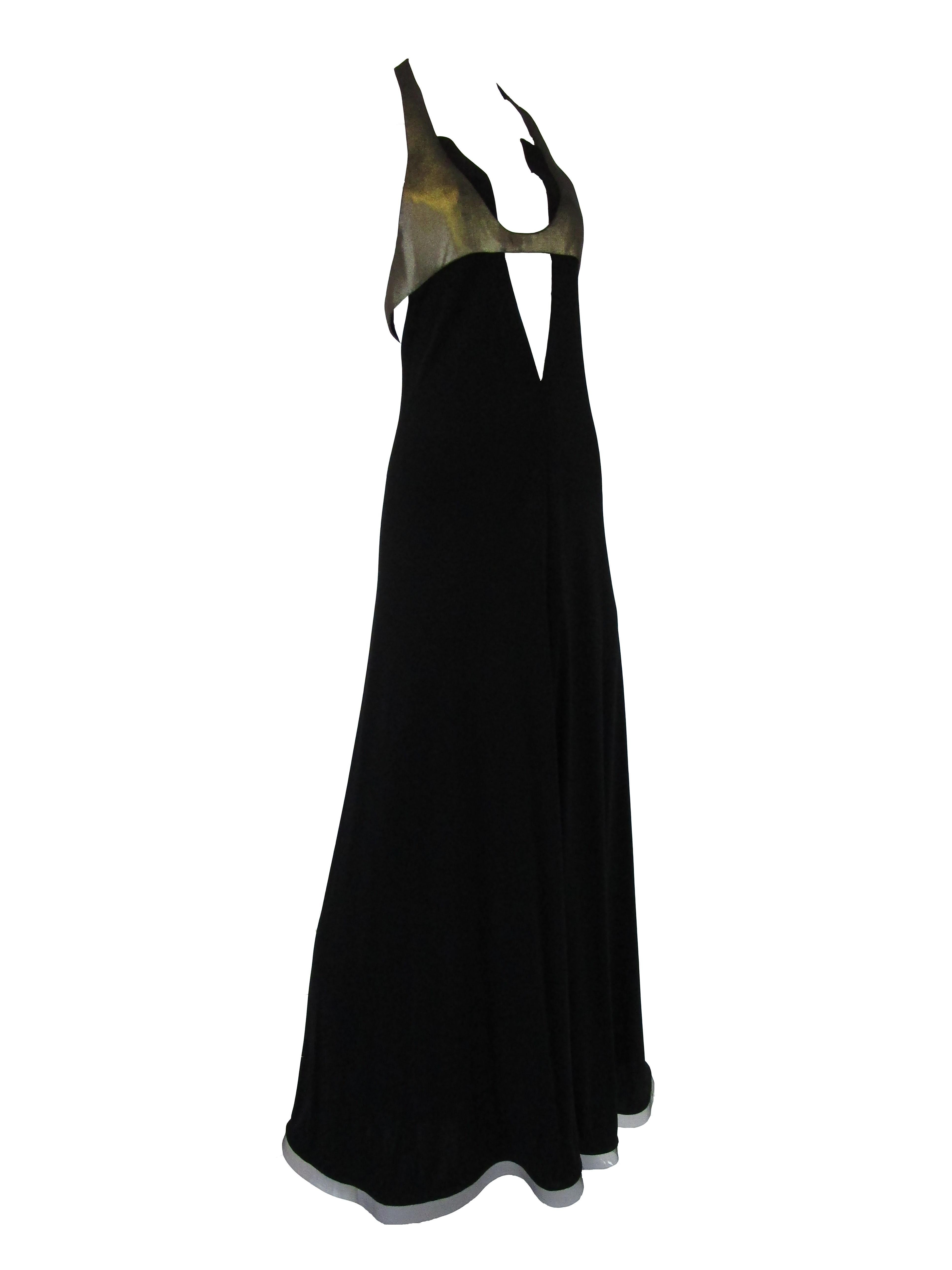Women's  1980s Geoffrey Beene Silk Knit Gold and Black Halter Evening Dress 