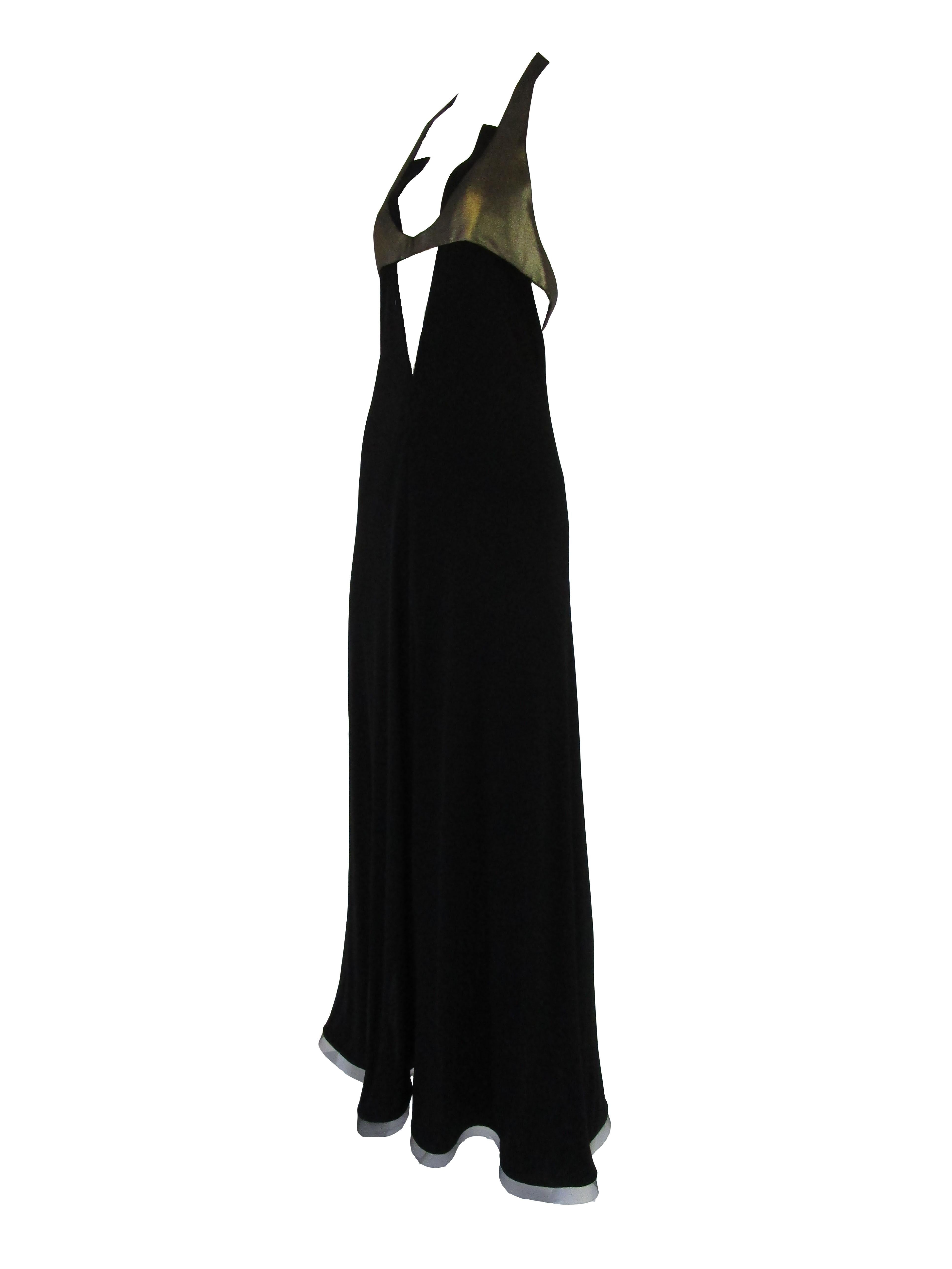  1980s Geoffrey Beene Silk Knit Gold and Black Halter Evening Dress  1