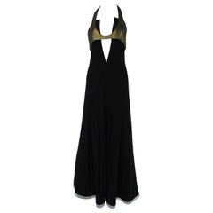  1980s Geoffrey Beene Silk Knit Gold and Black Halter Evening Dress 