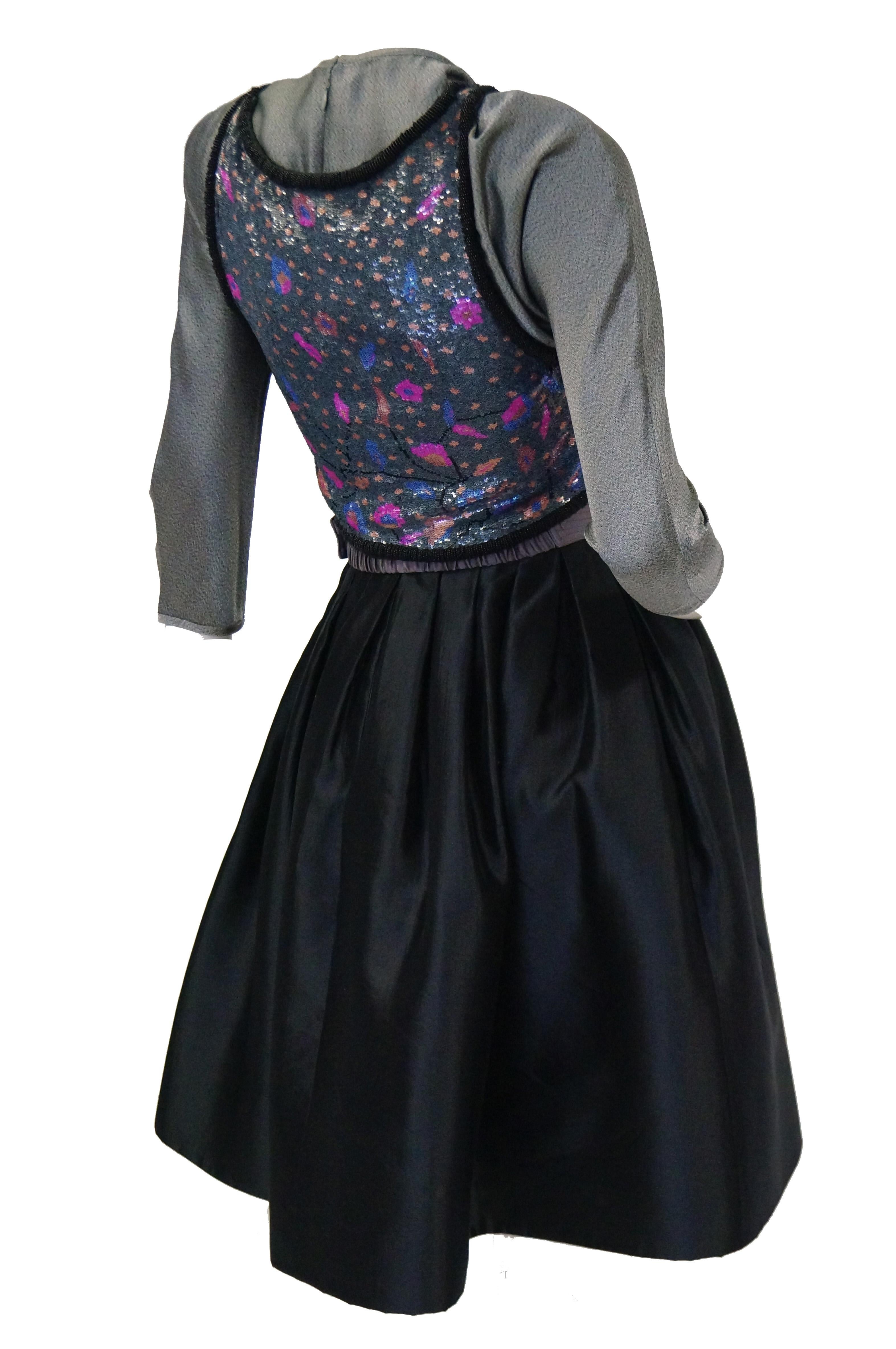 1980s Geoffrey Beene Silver Black & Purple Sequin Cocktail Dress Ensemble In Excellent Condition In Houston, TX