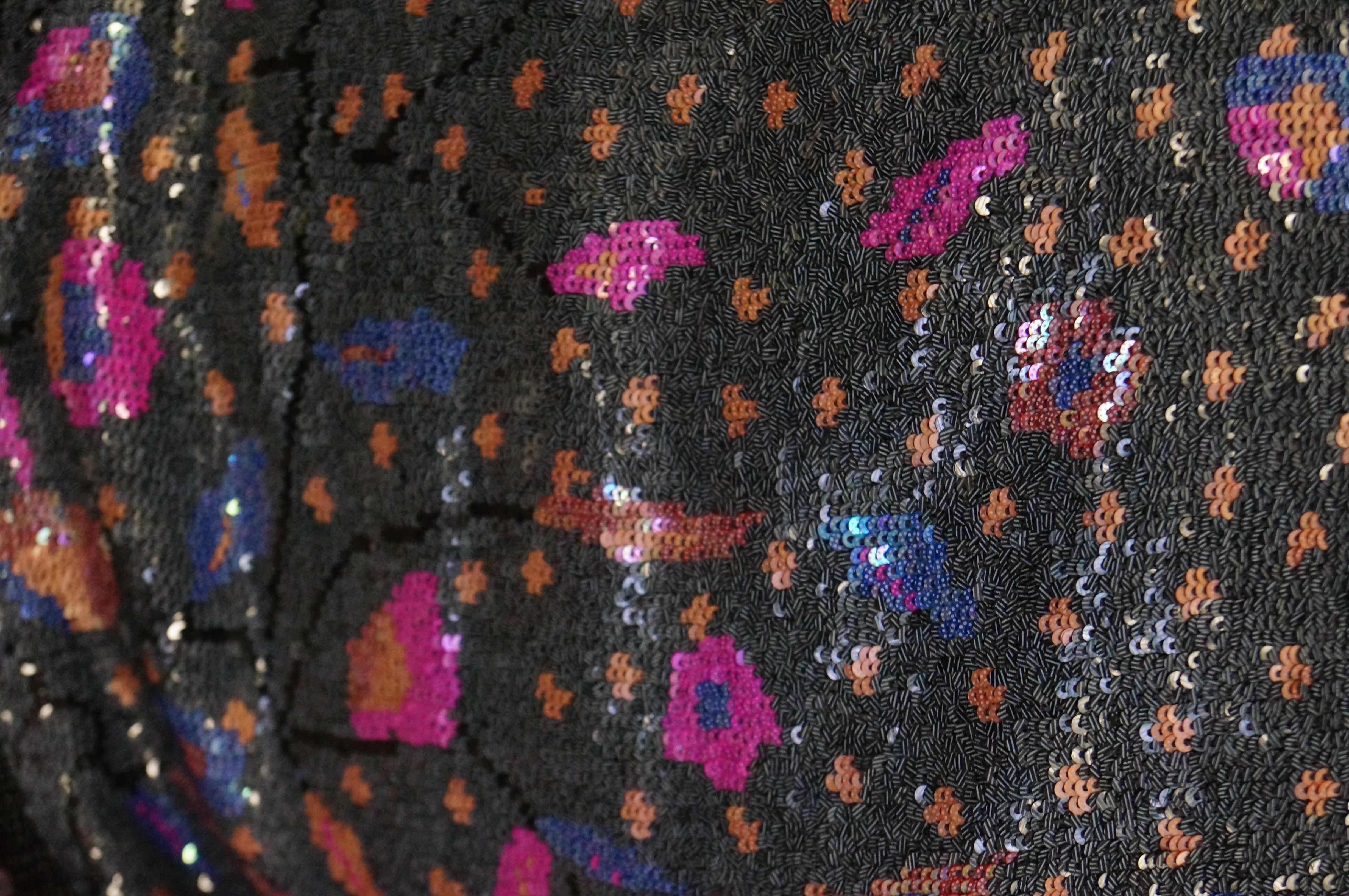 1980s Geoffrey Beene Silver Black & Purple Sequin Cocktail Dress Ensemble 1