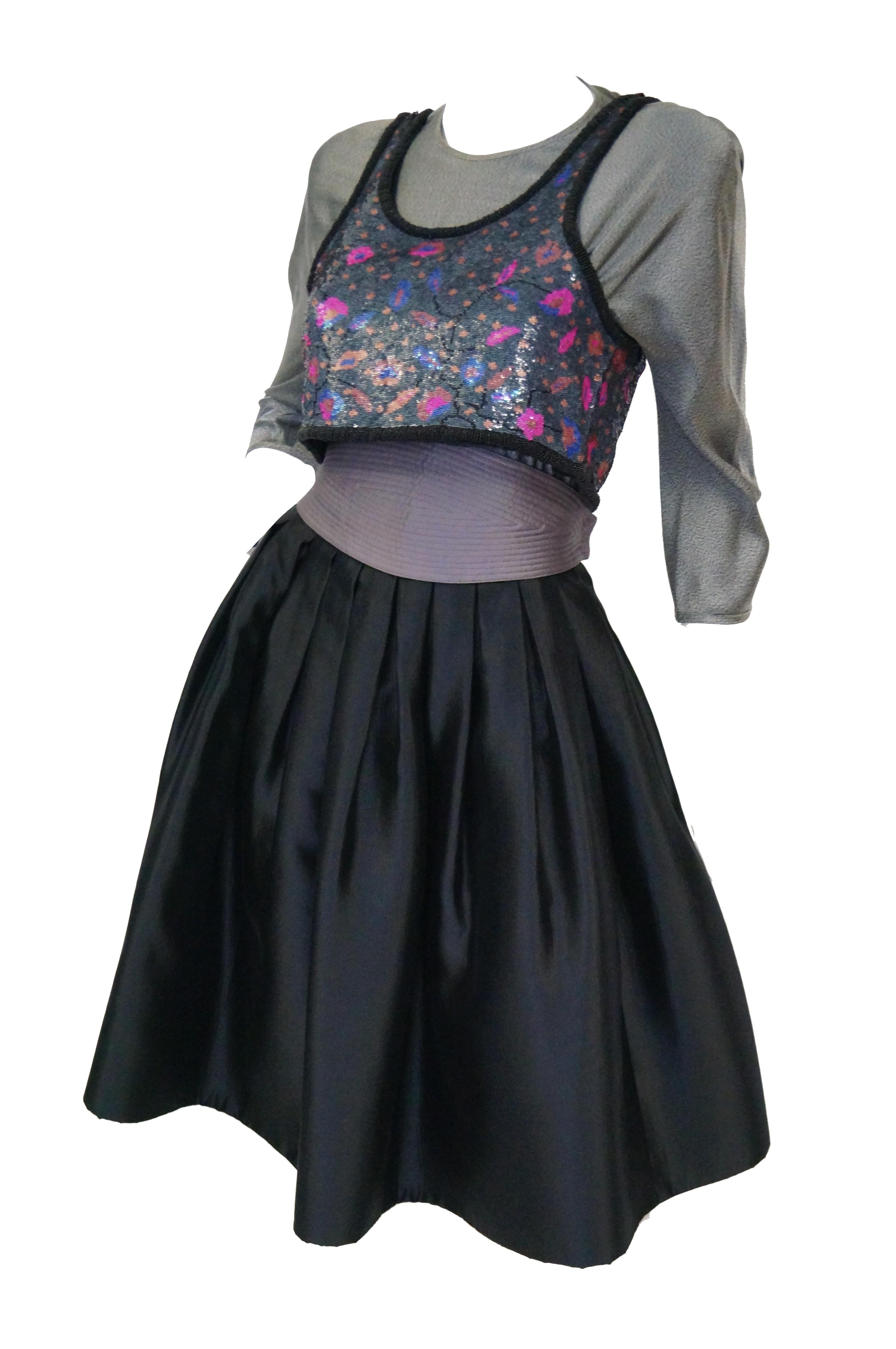 1980s Geoffrey Beene Silver Black & Purple Sequin Cocktail Dress Ensemble 2