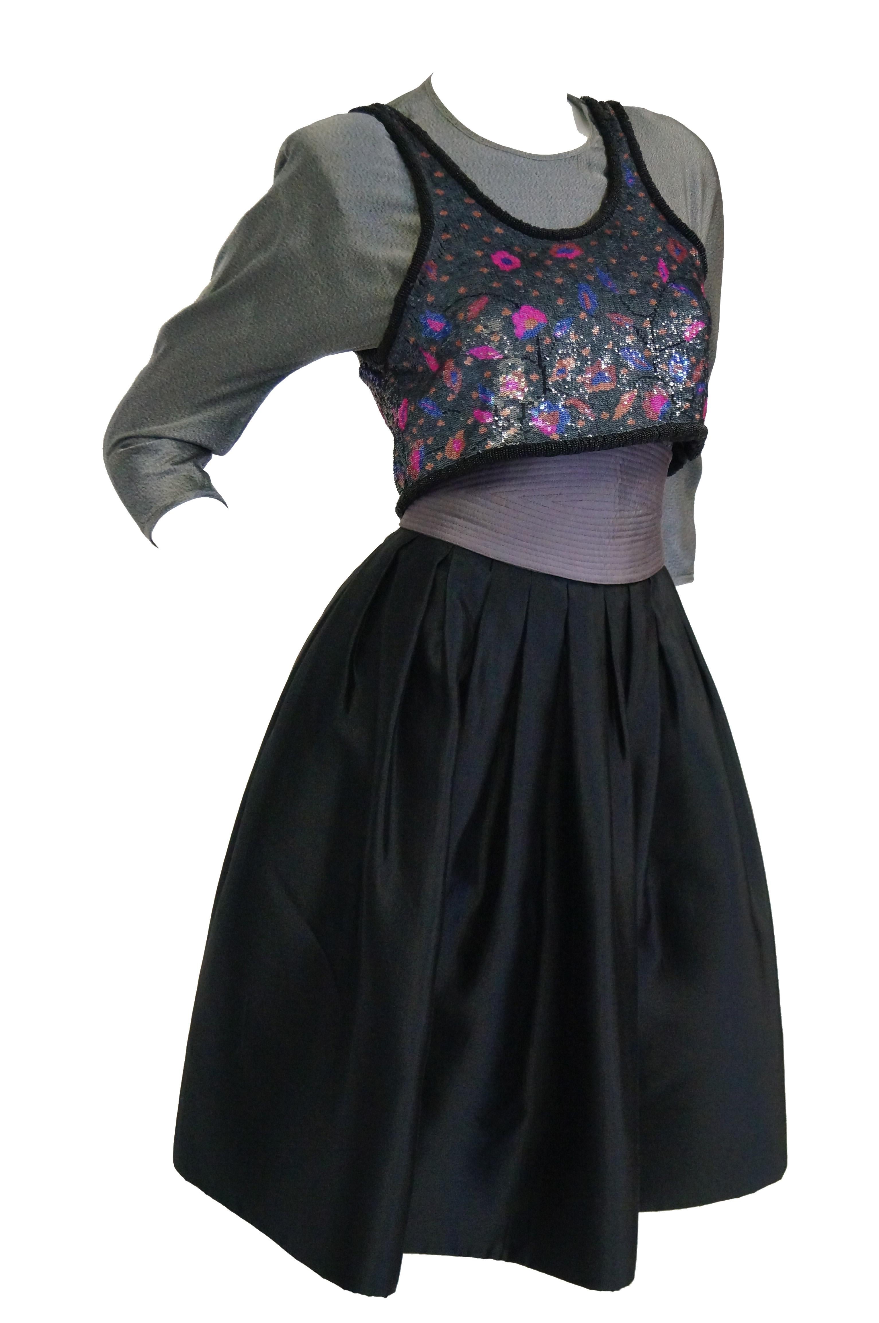 1980s Geoffrey Beene Silver Black & Purple Sequin Cocktail Dress Ensemble 3