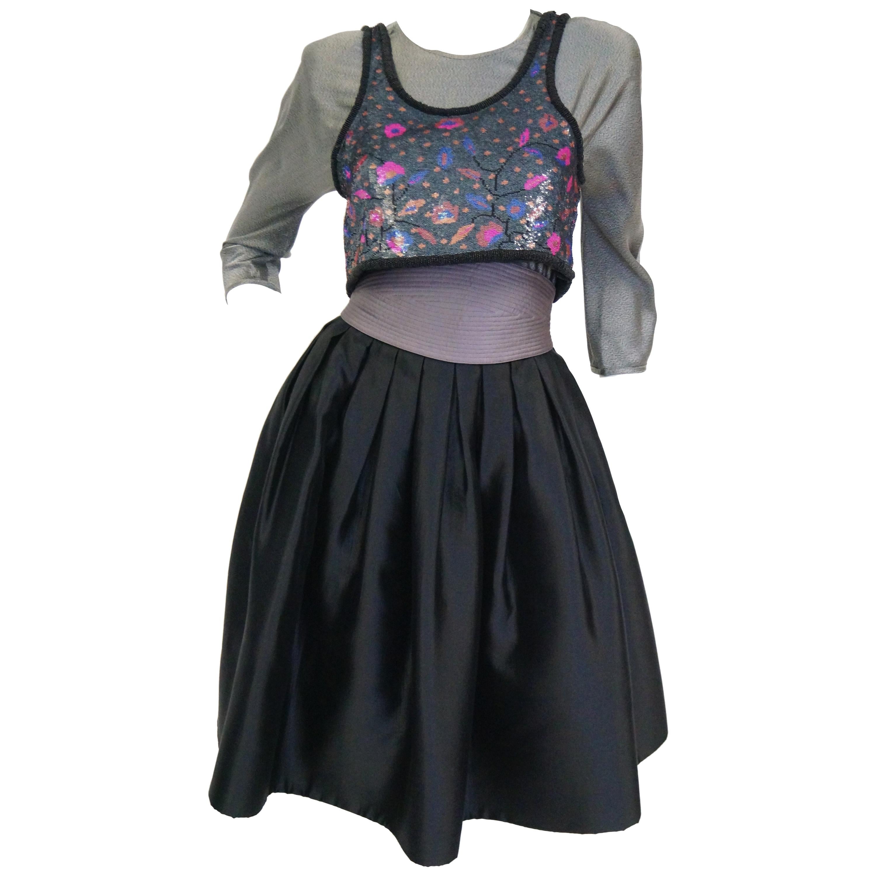 1980s Geoffrey Beene Silver Black 
Purple Sequin Cocktail Dress Ensemble