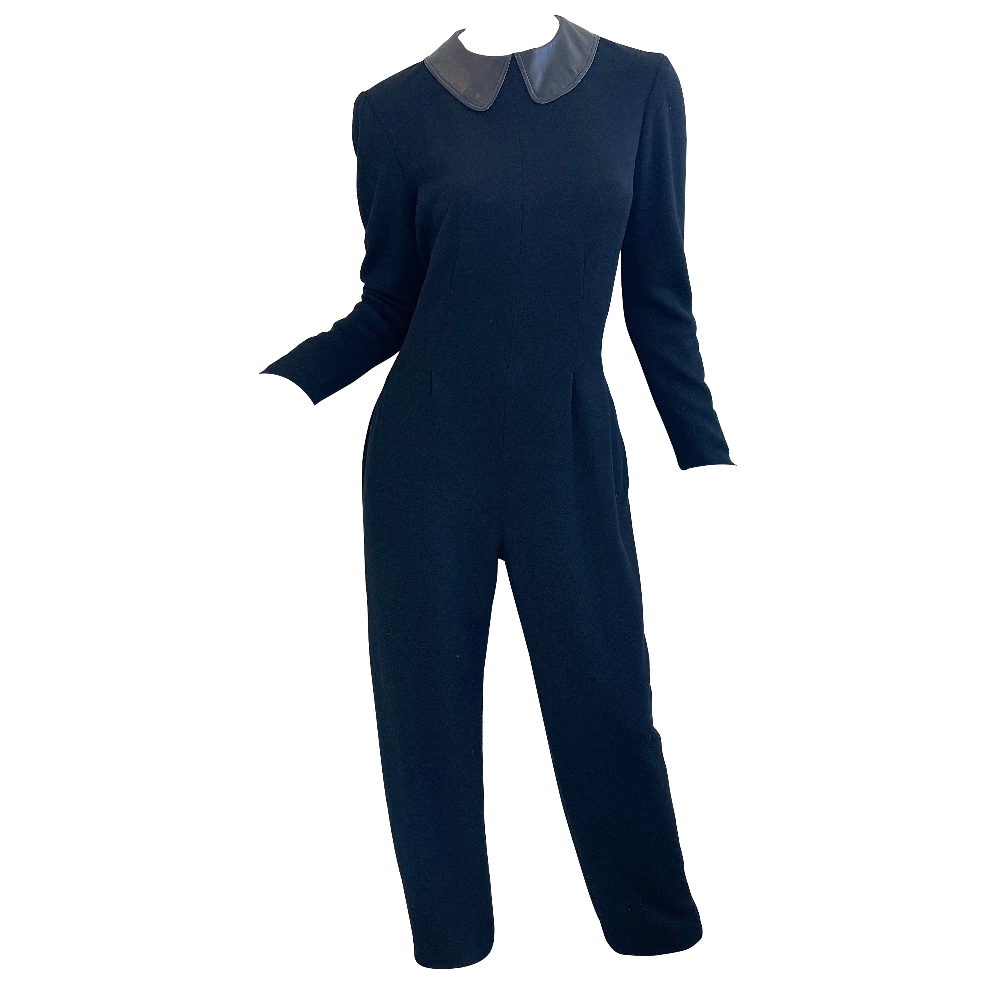1980s Geoffrey Beene Size 10 Vintage Black Wool Jumpsuit Leather Collar Pockets